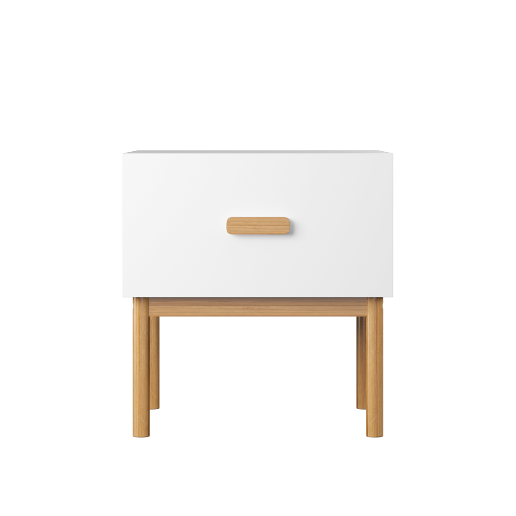 Modern White Nightstand with Drawer and Wood Legs, Minimalist Bedside Table with Handle for Bedroom, Living Room, Apartment - Grand Goldman Shop