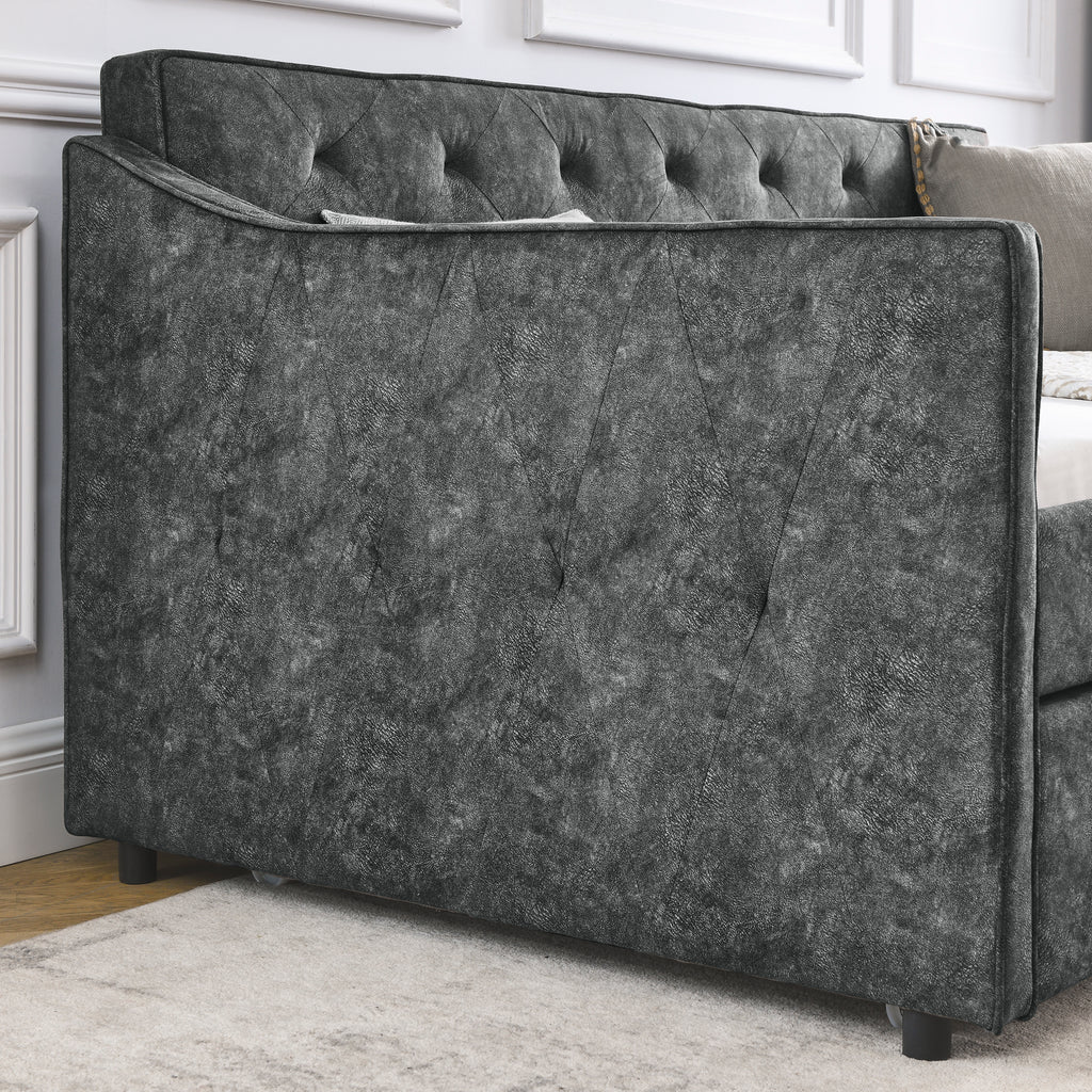 Mid-Century Grey Upholstered Twin Daybed with Trundle, Waved Arms, Eucalyptus Wood Frame, 80.5''x44.5''x33.5'' - Grand Goldman Shop