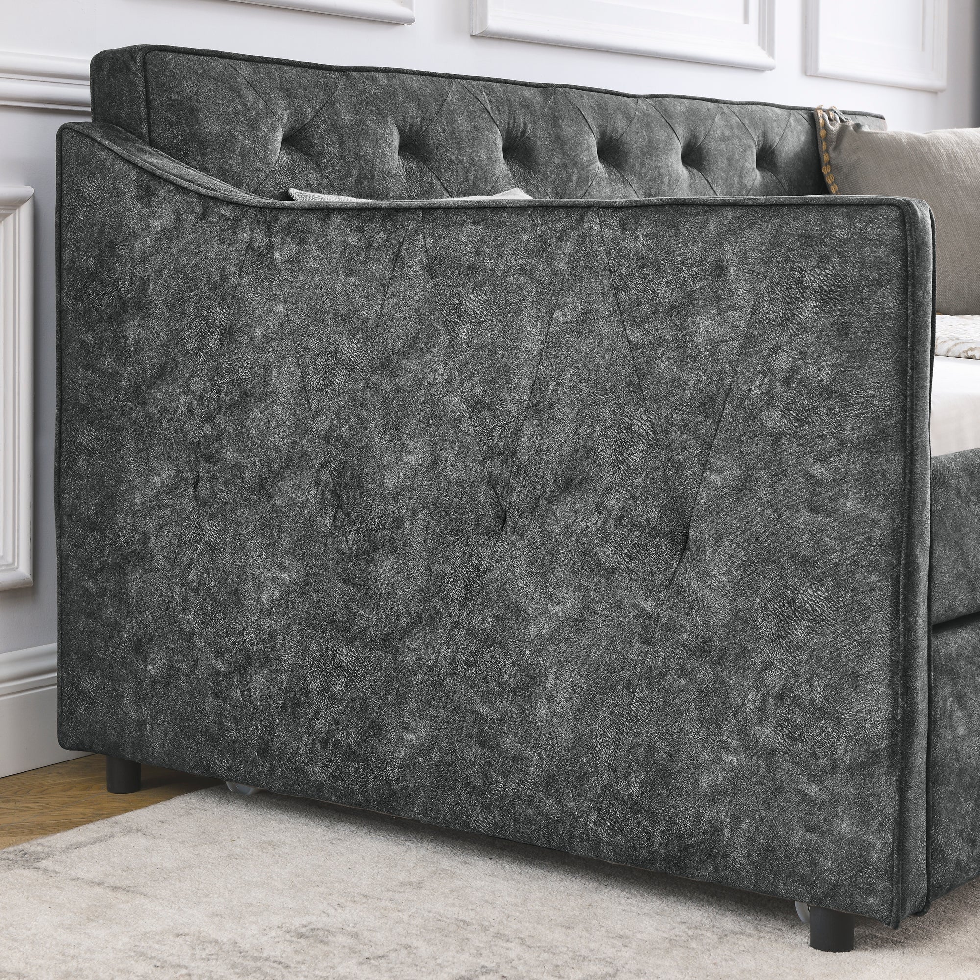 Mid-Century Grey Upholstered Twin Daybed with Trundle, Waved Arms, Eucalyptus Wood Frame, 80.5''x44.5''x33.5'' - Grand Goldman Shop