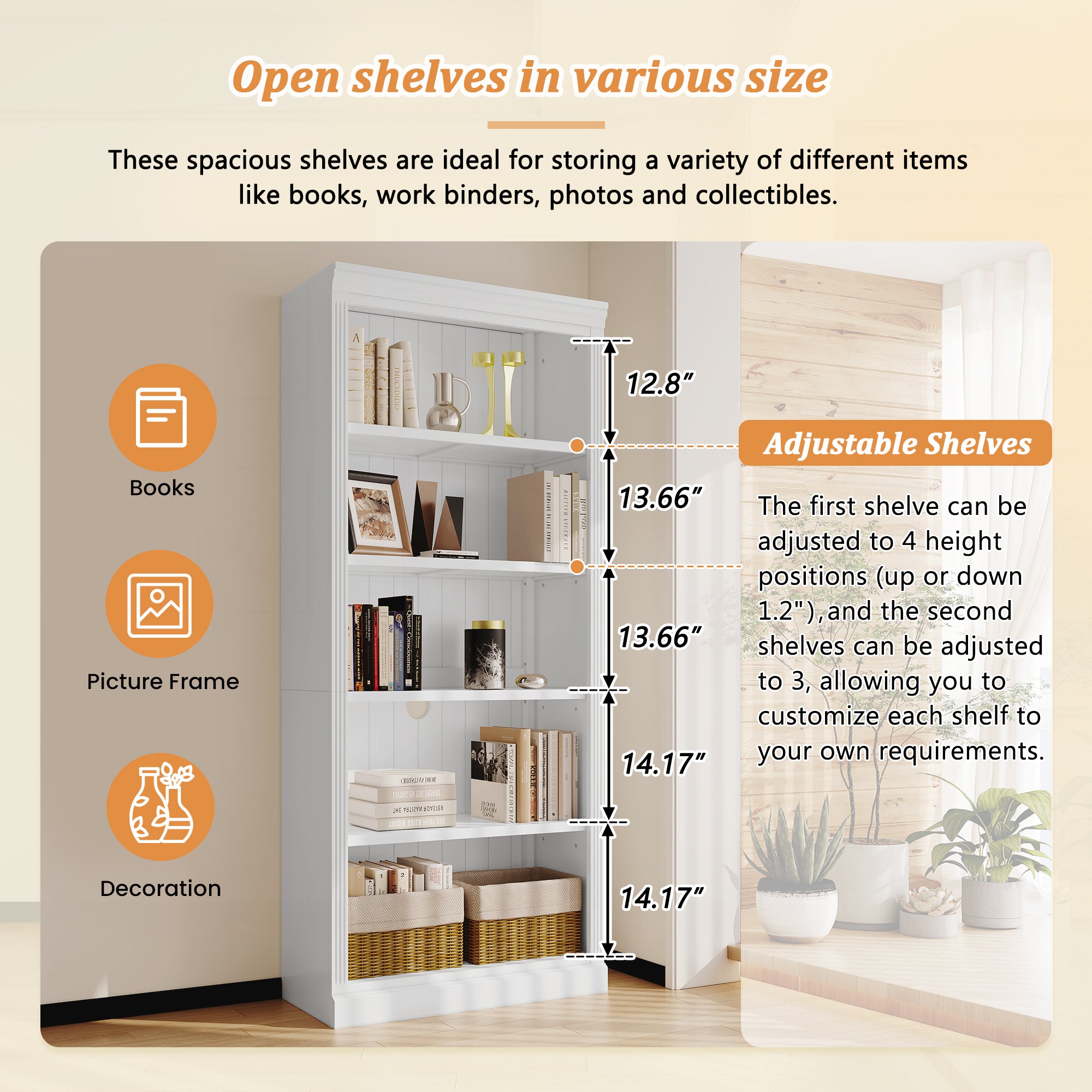 83' Tall Wood Bookcase Suite ,5-Tier Home Decor Bookshelves Suite with Adjustable Shelves,Storage Organizer for CDs/Books/Mov