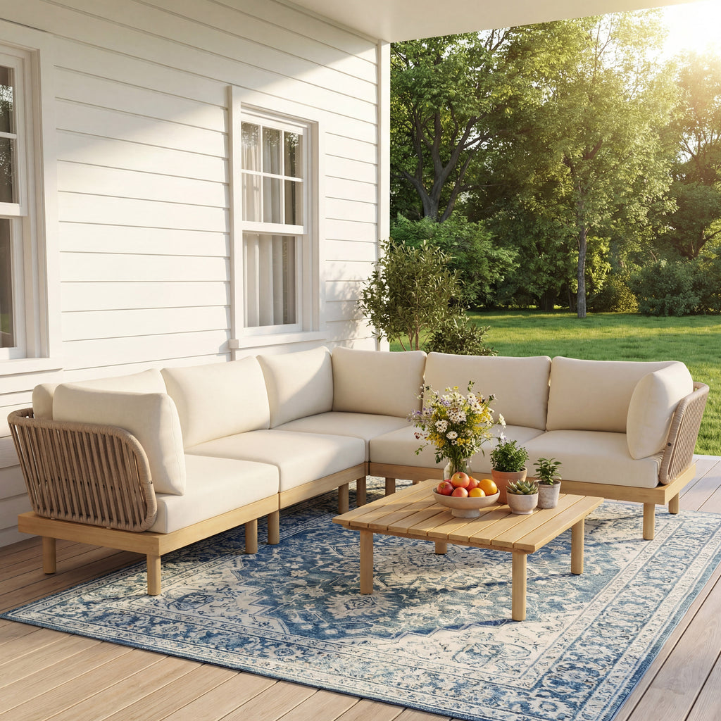 6-Piece Acacia Wood L-Shaped Modular Outdoor Sofa Set with Rope Back & Weather-Resistant Cushions