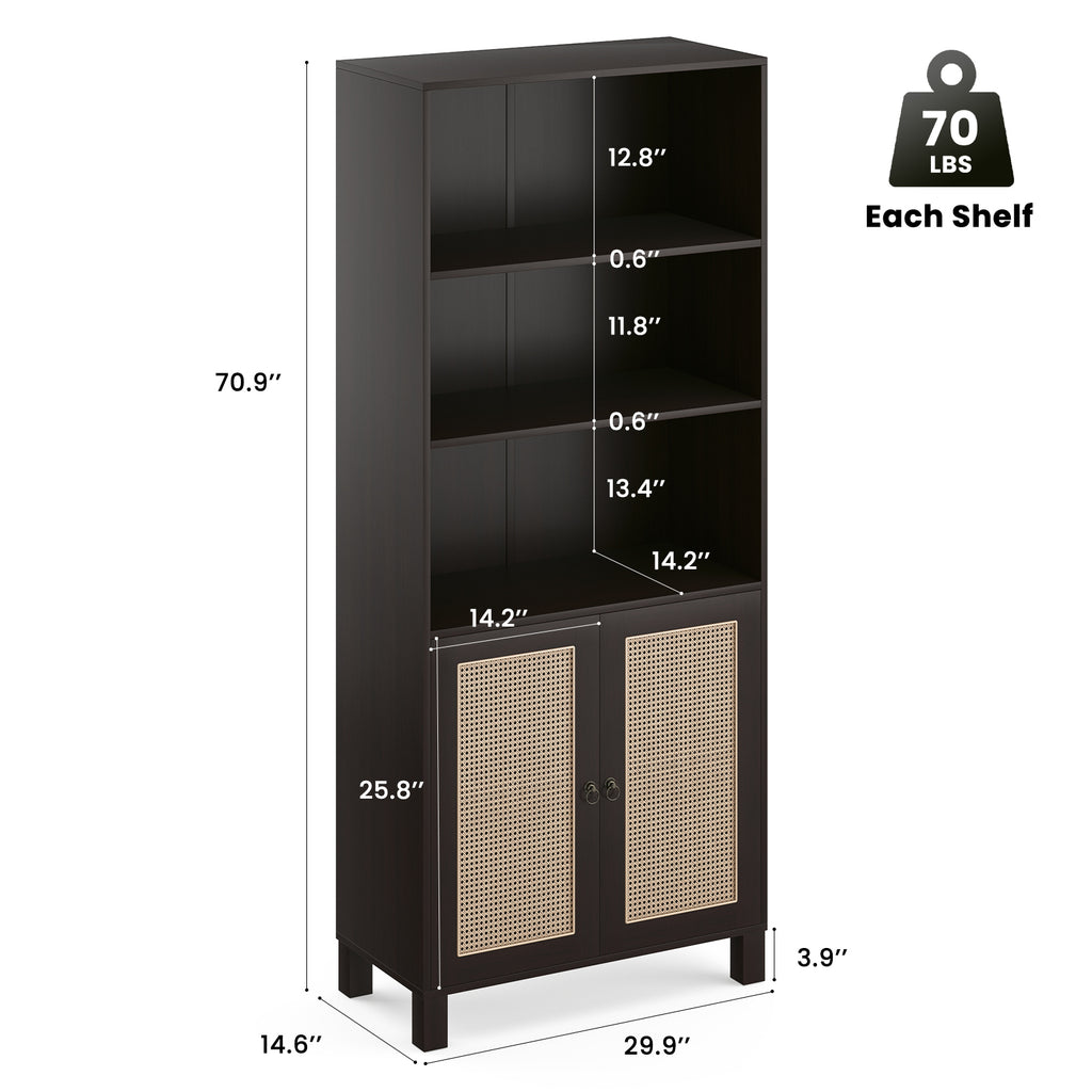 Tall Bookcase with Rattan Doors,5 Tier Storage Wood Shelves Large Bookshelf for Library Living Room Bedroom Home Office,Walnu