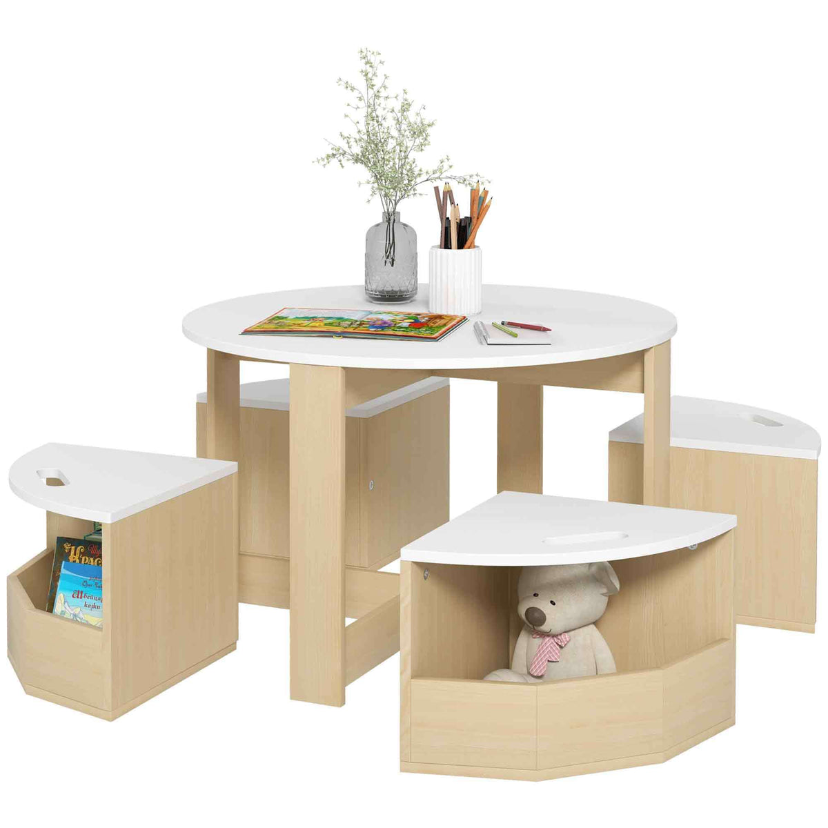 Qaba Kids Table and Chairs Set, 5 Piece Toddler Table and Chairs Set with Storage for Art, Craft, Drawing, Playroom, Classroo