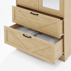 2 Door Wood Wardrobe for Bedroom with Hanging Clothing Rod inside the Cabinet and 2 Drawers for Storage Organization, Built-in induction light Multifunctional Closet with Mirror, Natural - Grand Goldman Shop