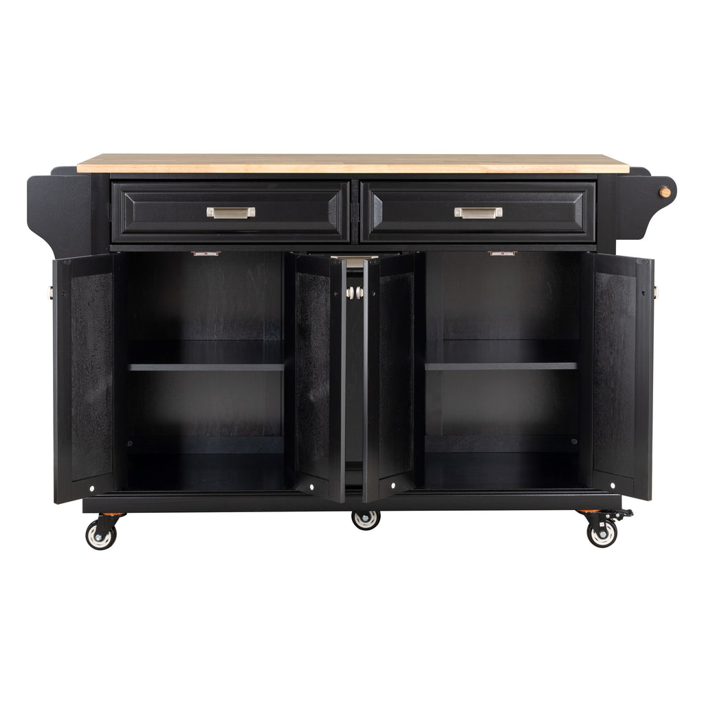 Kitchen Island with Rubber wood Countertop, Kitchen Cart on 5 Wheels with Storage Cabinet and 2 Top Drawers and A center double layered storage drawer for Dinning Room, Black - Grand Goldman Shop