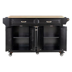 Kitchen Island with Rubber wood Countertop, Kitchen Cart on 5 Wheels with Storage Cabinet and 2 Top Drawers and A center double layered storage drawer for Dinning Room, Black - Grand Goldman Shop