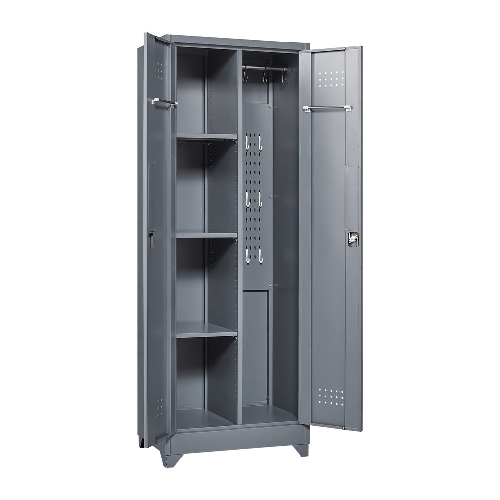 Grey Heavy Duty Metal Storage Cabinet with Locking Doors, Hanging Rod & Shelves, 65' H Broom Closet for Garage or Basement - 