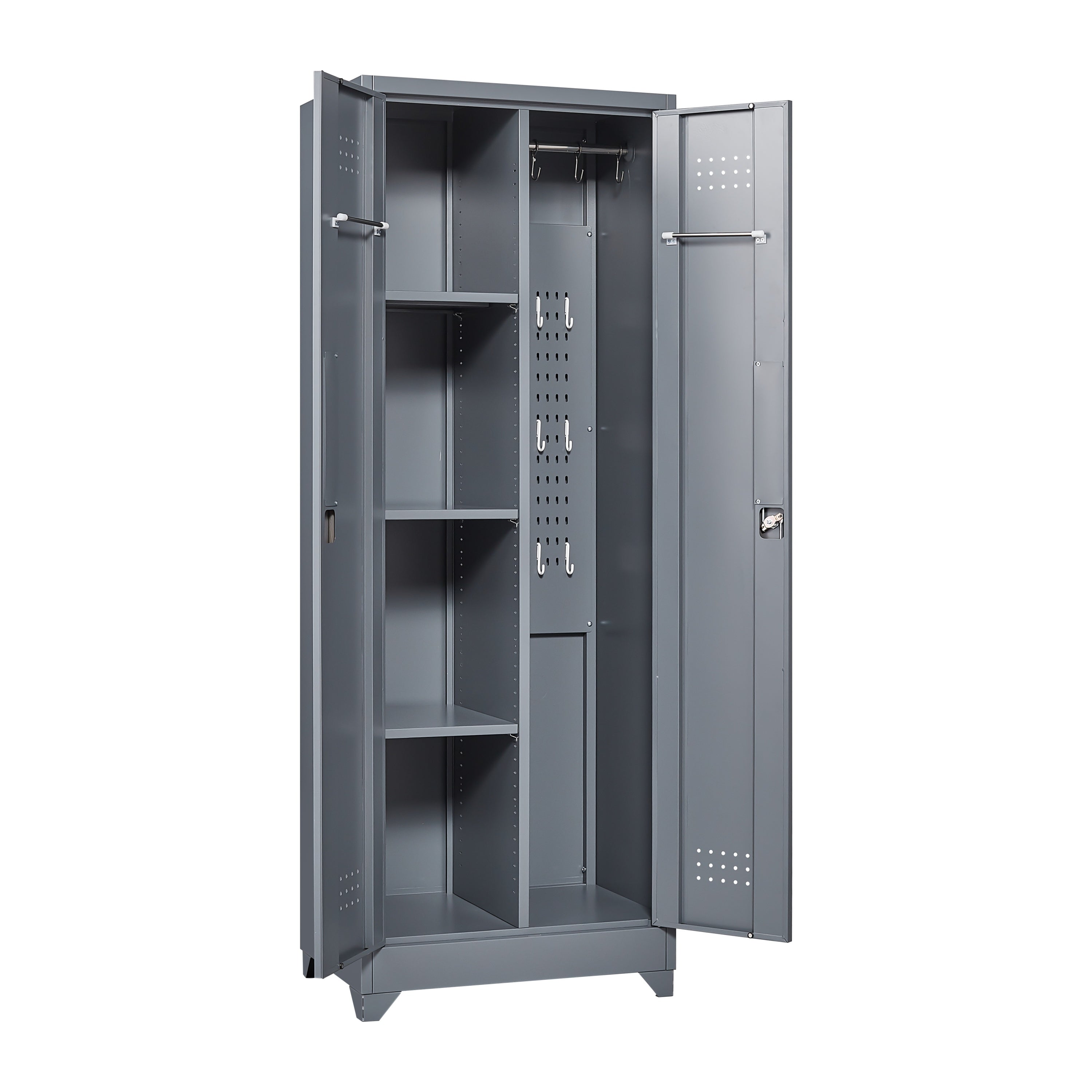 Grey Heavy Duty Metal Storage Cabinet with Locking Doors, Hanging Rod & Shelves, 65' H Broom Closet for Garage or Basement - 