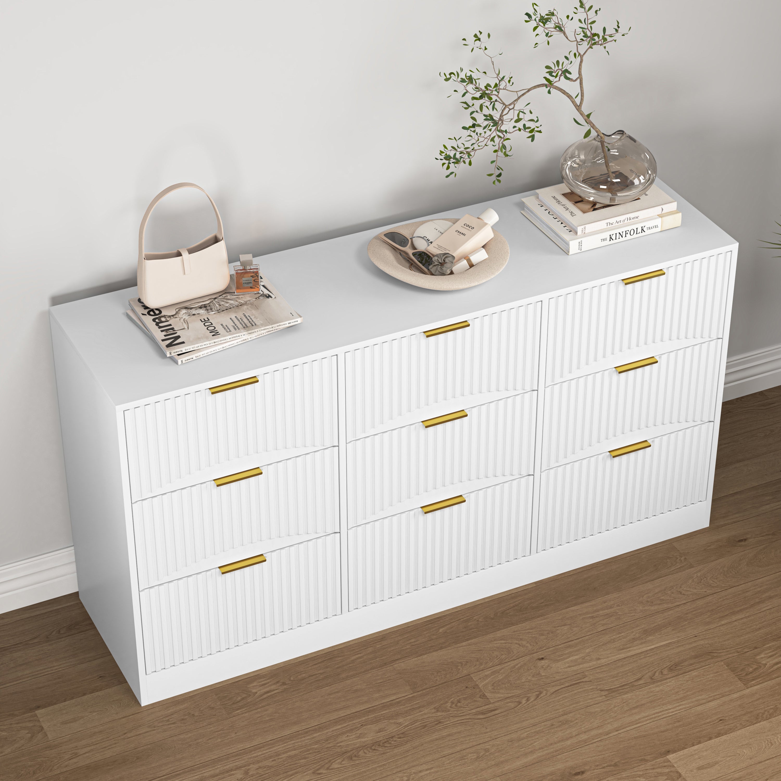 White 9 Drawer Dresser, 63' Large Deep Chest of Drawers, Wooden Dresser Storage Cabinet with 9 Drawers for Bedroom, Long Dressers for Living Room, Hallway, Drawer panel with wavy patterns - Grand Goldman Shop