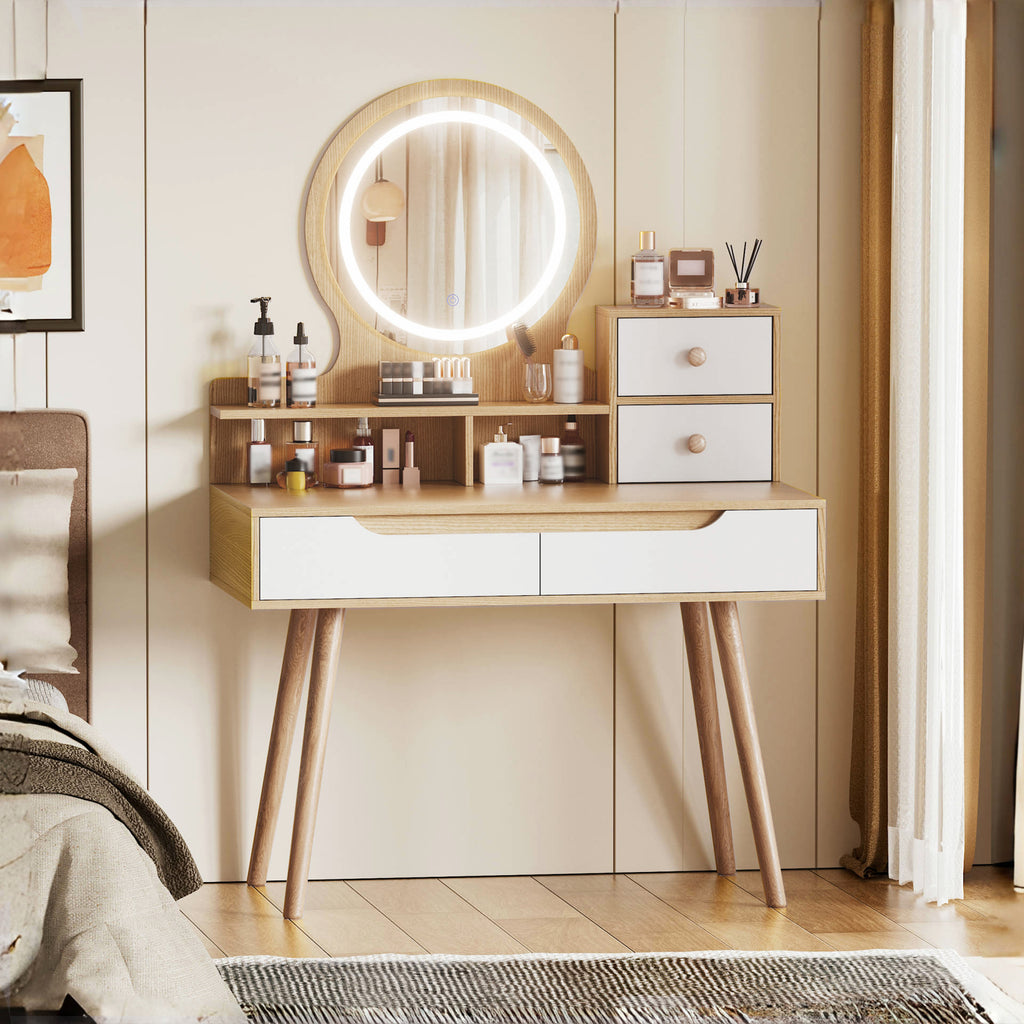 Elegant Makeup Vanity Desk with Adjustable Lighted Mirror, Solid Wood Table Feet, American White Oak, MDF, Compact Size - Grand Goldman Shop
