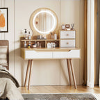 Elegant Makeup Vanity Desk with Adjustable Lighted Mirror, Solid Wood Table Feet, American White Oak, MDF, Compact Size - Grand Goldman Shop