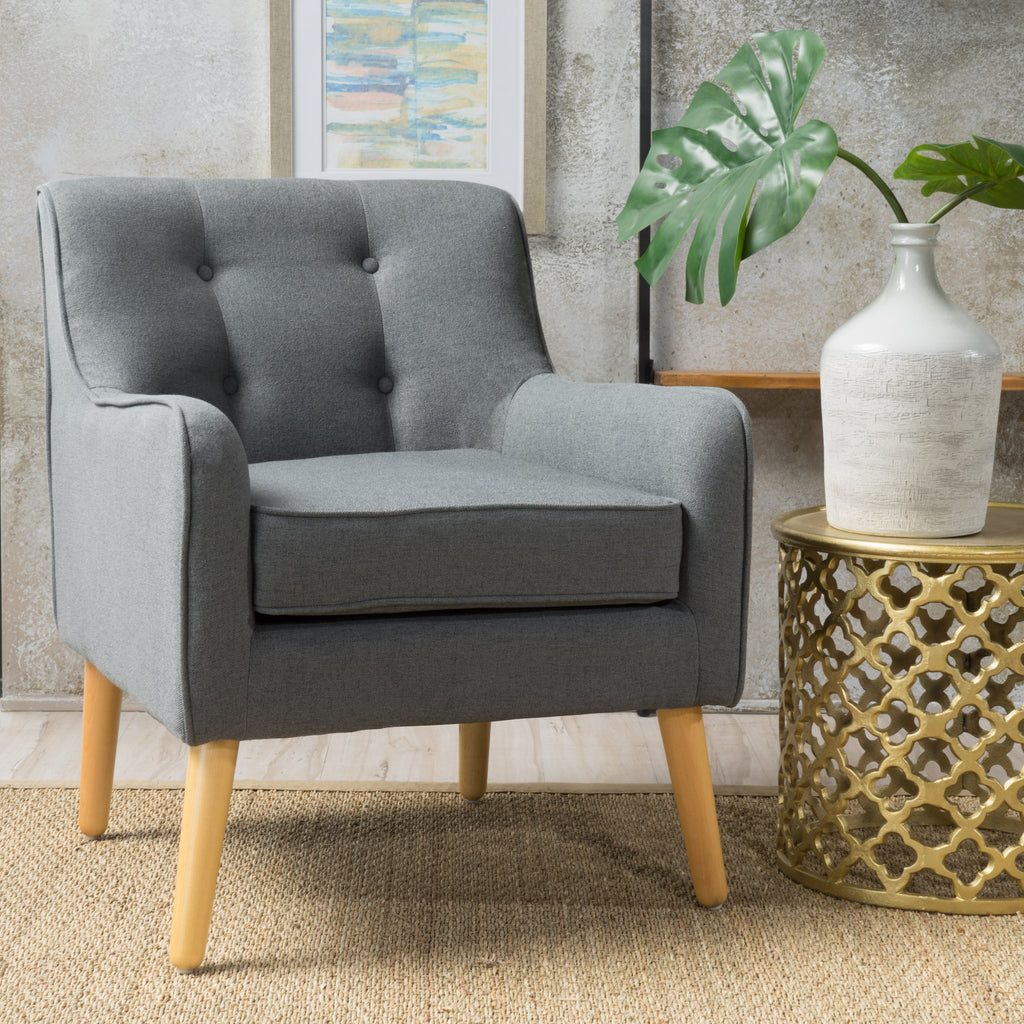 Mid-Century Modern Arm Chair in Charcoal Fabric with Tufted Back and Wooden Legs - Grand Goldman Shop