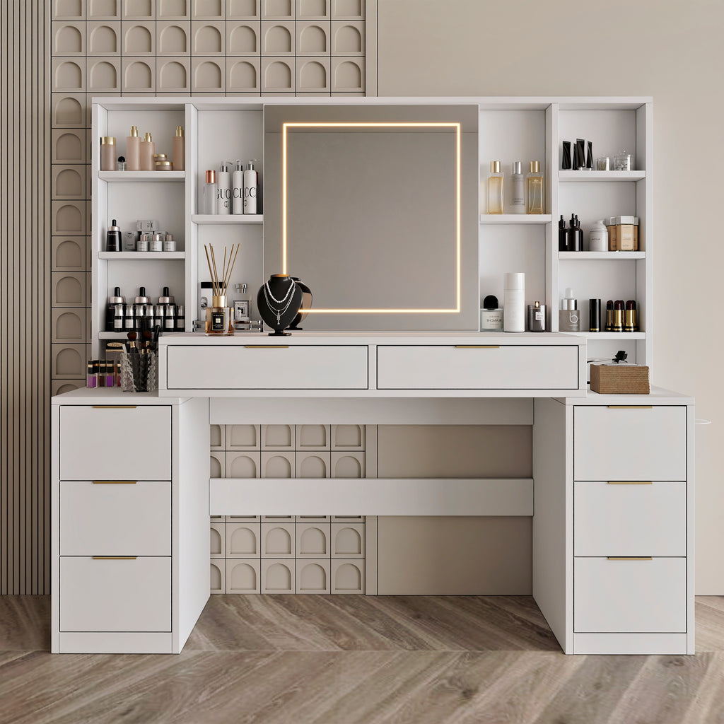 Makeup Vanity Desk with Mirror and Lights, 59' Large Vanity Table with 8Drawers & Open Storage Shelves, Brightness Adjustable, Dressing Table for Bedroom, Women and Girl - Grand Goldman Shop