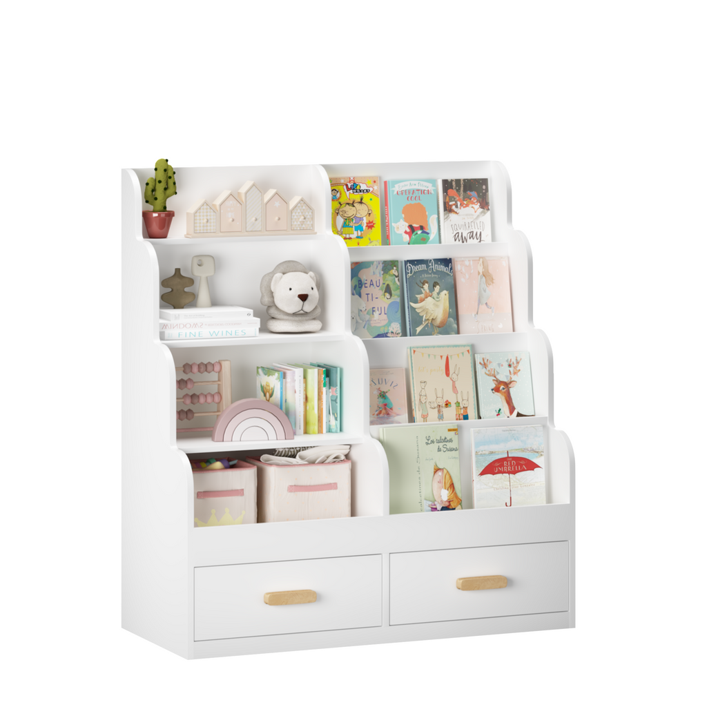 Kids Bookshelf with 2 Storage Drawers, Front-Facing Children's Bookcase and Toy Organizer, Multi-Tier Reading Shelf for Toddl