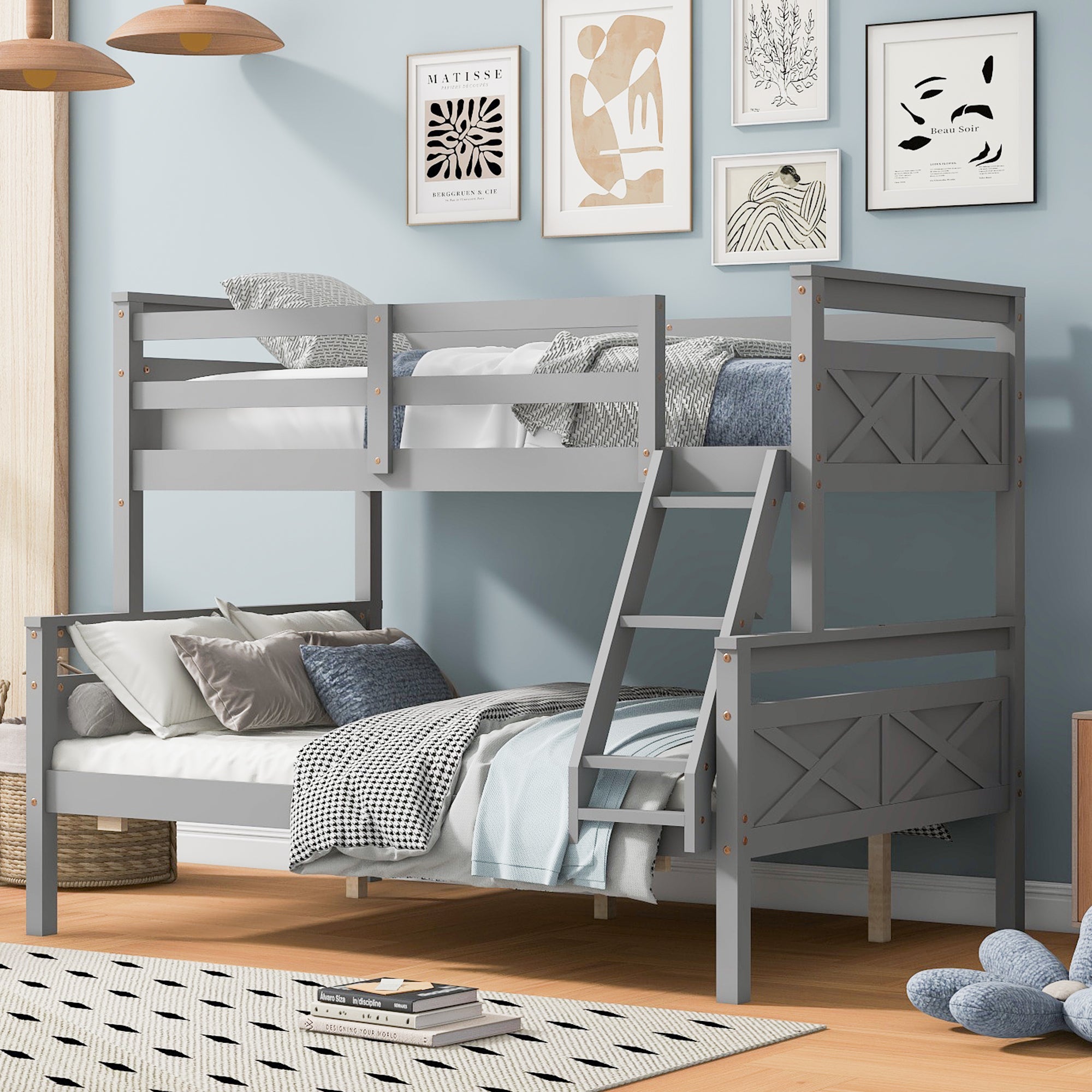 Gray Twin over Full Bunk Bed with Ladder and Safety Guardrail, Pine Wood and MDF, 79.3''L x 57.1''W x 61.3''H - Grand Goldman Shop