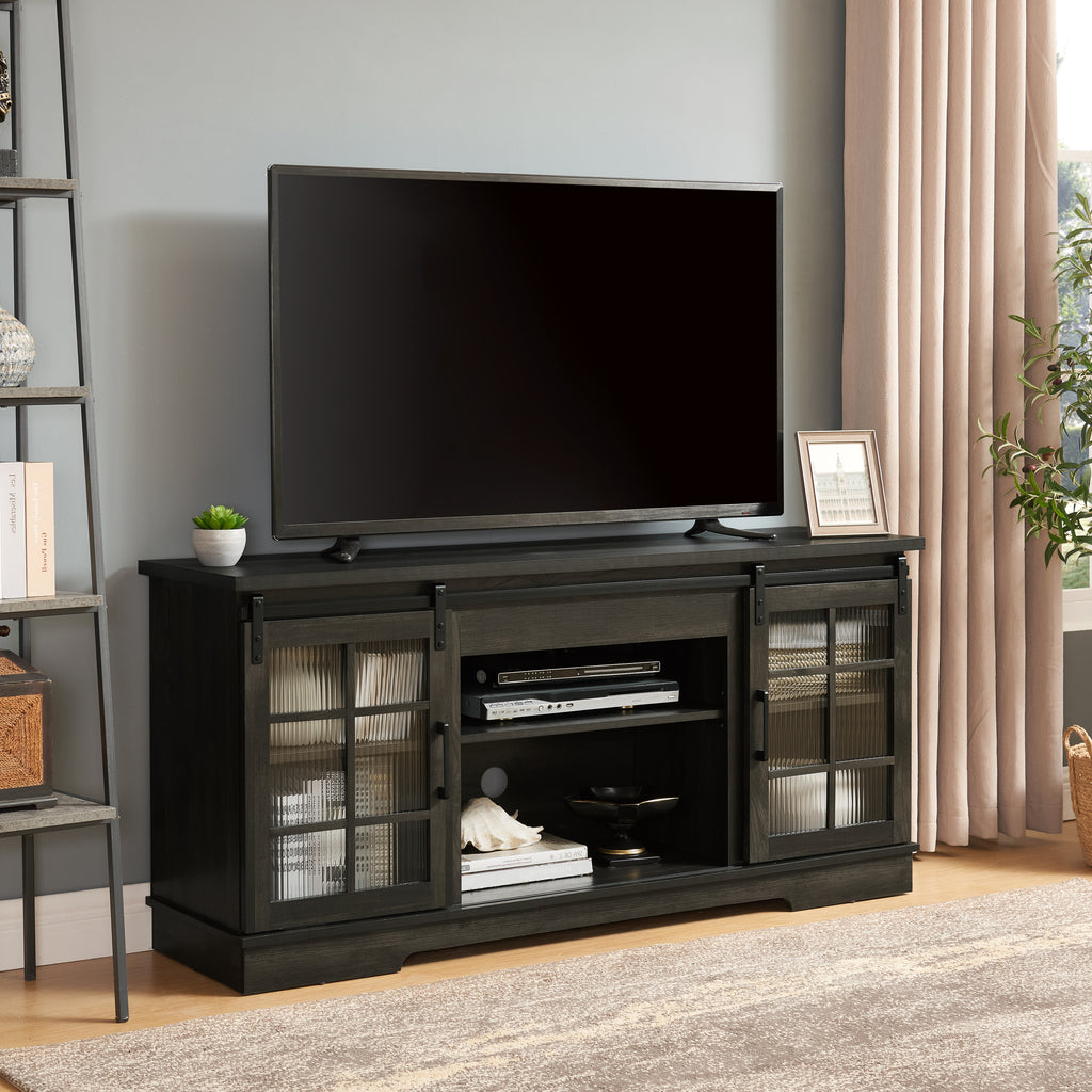 Multipurpose Sliding Door TV Stand Large Storage Cabinet with 2 Sliding Fluted Glass Tempered Doors, TV Up to 65'', TV Desk Storage Rack, Charcoal GREY, 59.13'W*15.94'D*27.8'H - Grand Goldman Shop