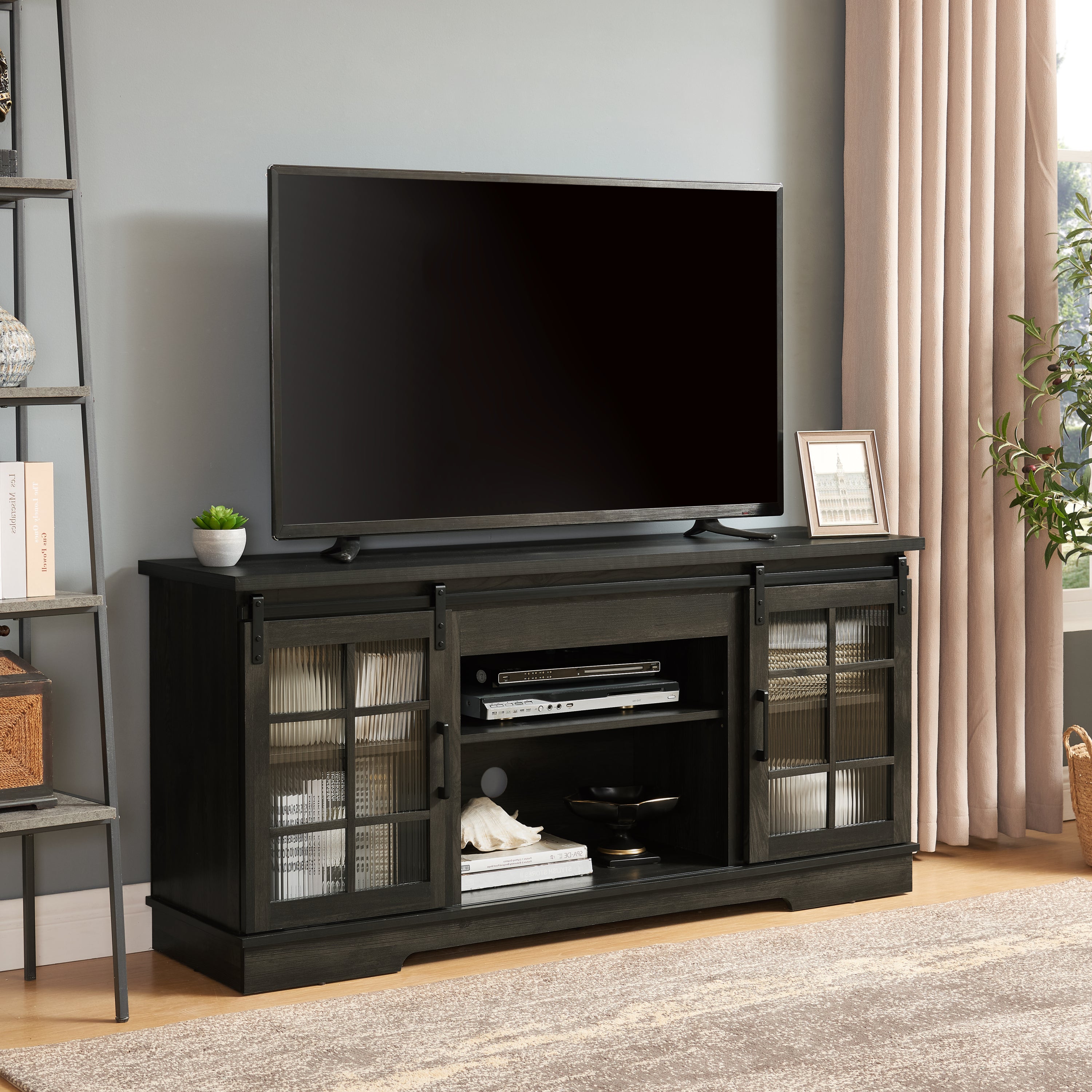 Multipurpose Sliding Door TV Stand Large Storage Cabinet with 2 Sliding Fluted Glass Tempered Doors, TV Up to 65'', TV Desk Storage Rack, Charcoal GREY, 59.13'W*15.94'D*27.8'H - Grand Goldman Shop