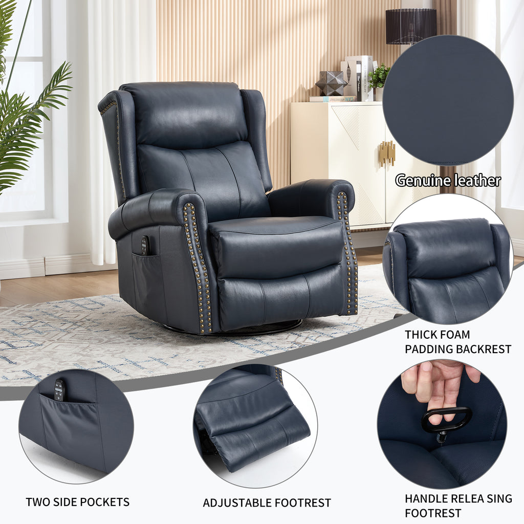 Heat Massage Manual Recliner Chair with Rocker and Swivel in Genuine leather for Living Room, Blue - Grand Goldman Shop