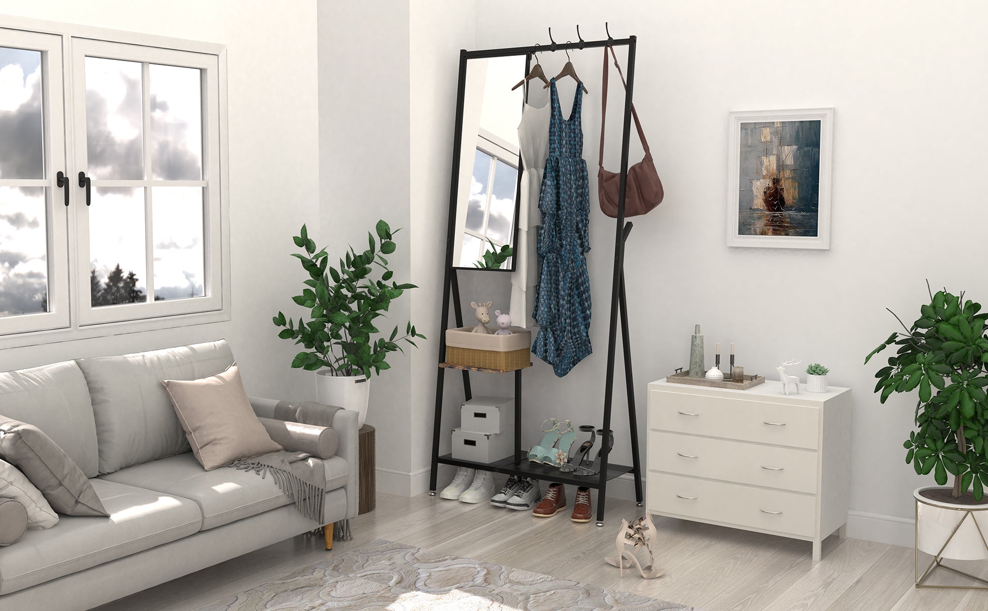Coat Rack with Mirror, Multifunctional Hall Tree with Shoe Storage, Metal Frame, for Living Room Bedroom 73x32x15 Inches, Industrial Style, Rustic Brown and Black - Grand Goldman Shop