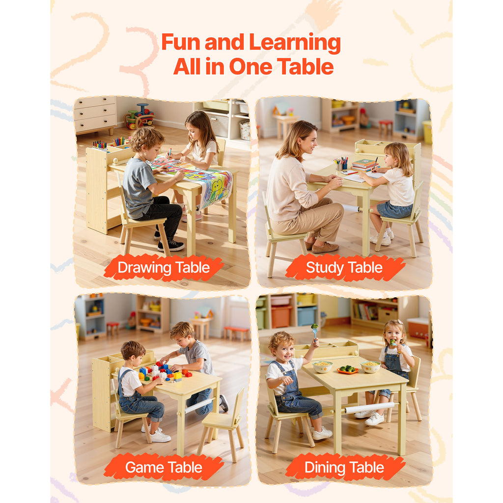 Kids Art Table and Chair Set, Toddler Craft Table with 3 Tiers Storage Cabinet, Wooden Kids Activity Play Desk with 2 Chairs,