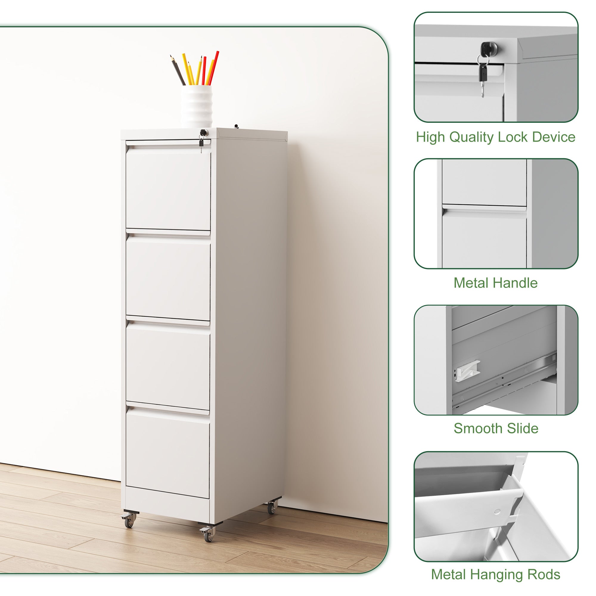 4 Drawer Metal Locking Vertical File Cabinet with Wheels - Heavy-Duty Lockable Storage for Home & Office, Black and White, 17