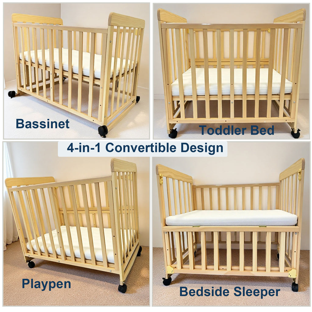 Portable Pine Wood Bedside Bassinet with 3 Adjustable Heights, Natural Wood Mini Crib for Newborns 0-36 Months, Compact Desig