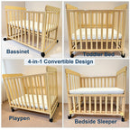 Portable Pine Wood Bedside Bassinet with 3 Adjustable Heights, Natural Wood Mini Crib for Newborns 0-36 Months, Compact Desig
