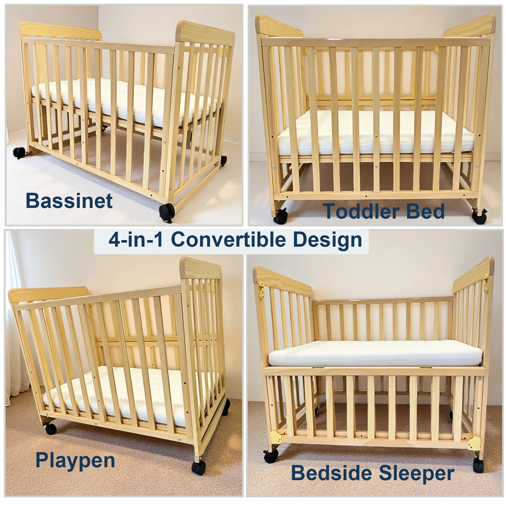 Portable Pine Wood Bedside Bassinet with 3 Adjustable Heights, Natural Wood Mini Crib for Newborns 0-36 Months, Compact Desig