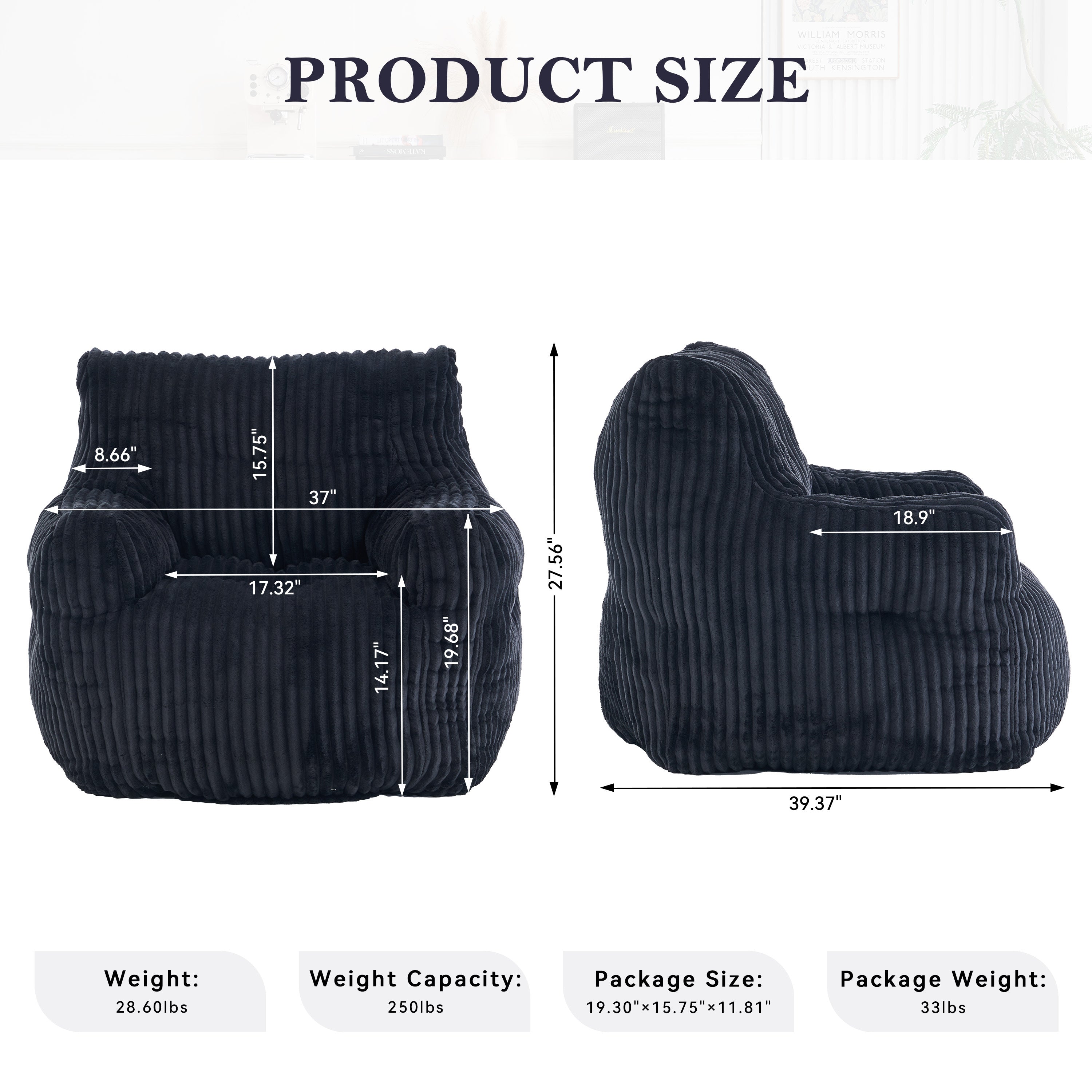 010-Soft Fluffy Corduroy Fabric Bean Bag Chair Filled With Memory Sponge,Black - Grand Goldman Shop