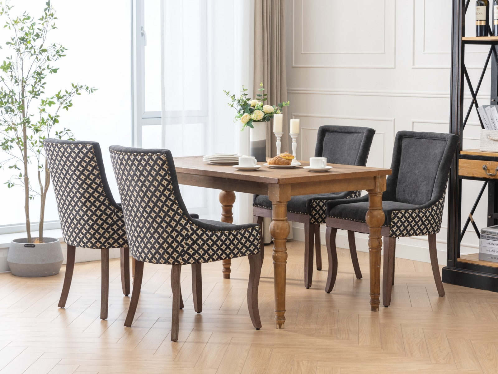 A&A Furniture, Ultra Side Dining Chair, Thickened fabric chairs with neutrally toned solid wood legs, Bronze nail head, Set of 2, Blue - Grand Goldman Shop