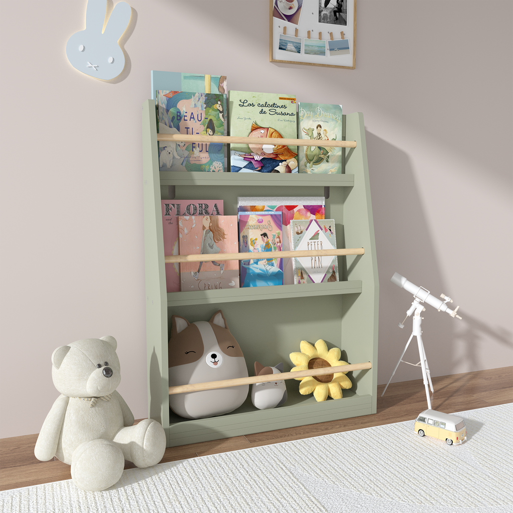 Stylish 3 Tier Kids Book Shelf in Sage with Pine Wood and MDF Construction, Compact Storage for Bedrooms, Playrooms, and Clas