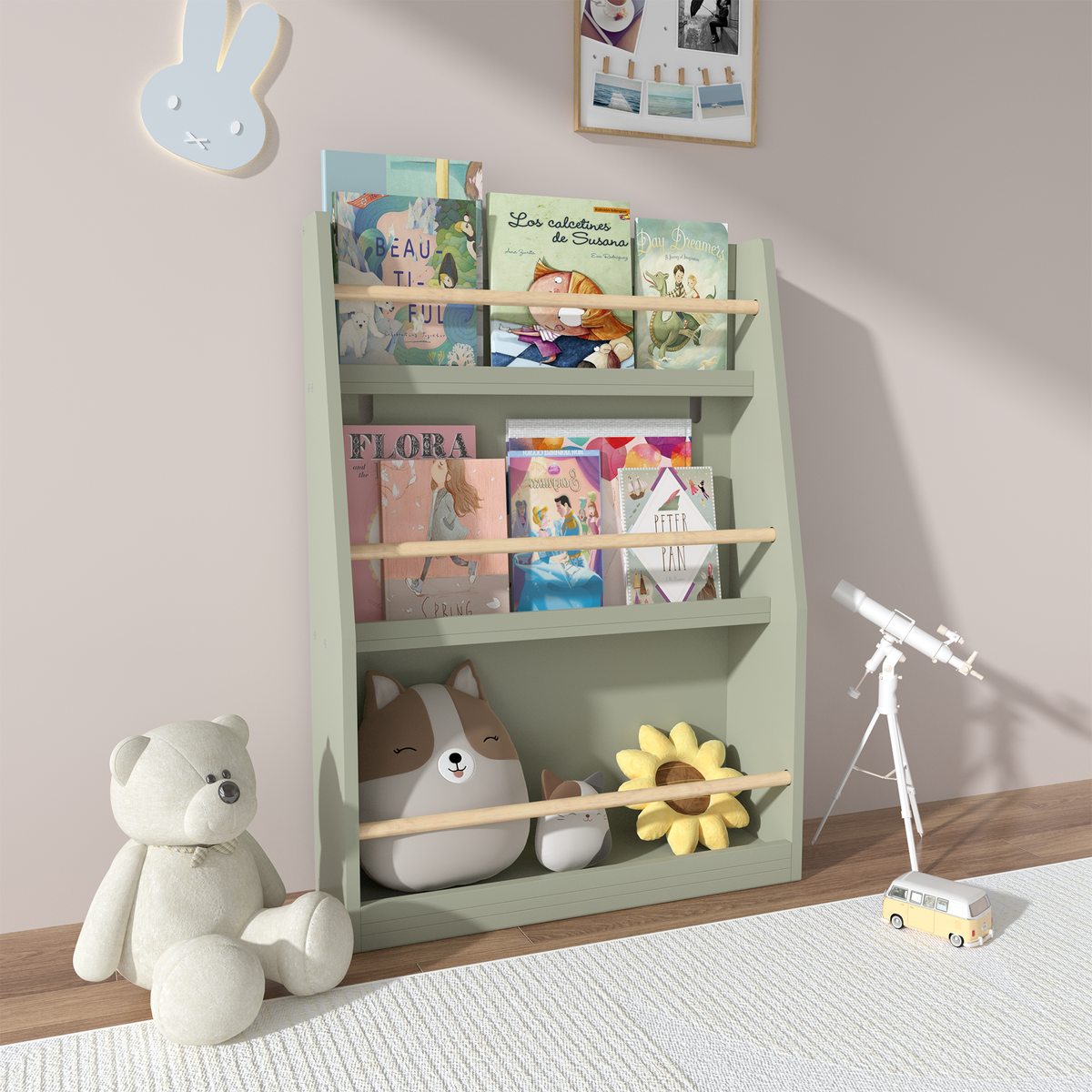 Stylish 3 Tier Kids Book Shelf in Sage with Pine Wood and MDF Construction, Compact Storage for Bedrooms, Playrooms, and Clas