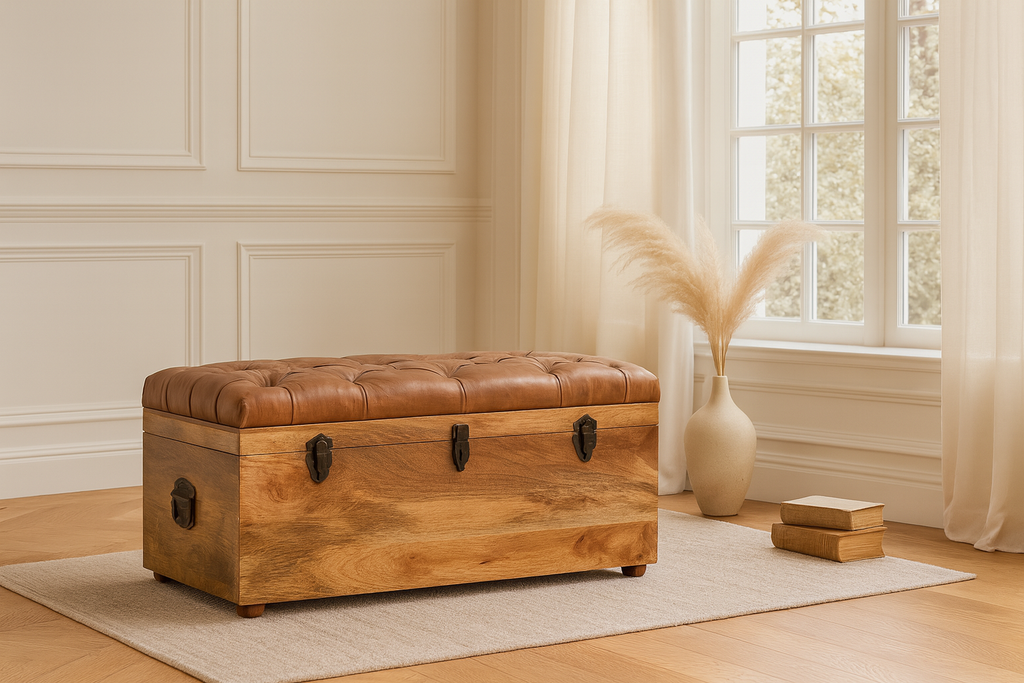 Solid Wood Buffalo Hide Oak-ish Storage Trunk, Leather Upholstered, Brown and Tan - Grand Goldman Shop