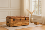 Solid Wood Buffalo Hide Oak-ish Storage Trunk, Leather Upholstered, Brown and Tan - Grand Goldman Shop