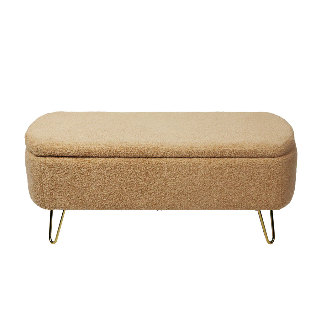 Camel Storage Ottoman Bench for End of Bed Gold Legs, Modern Camel Faux Fur Entryway Bench Upholstered Padded with Storage for Living Room Bedroom - Grand Goldman Shop