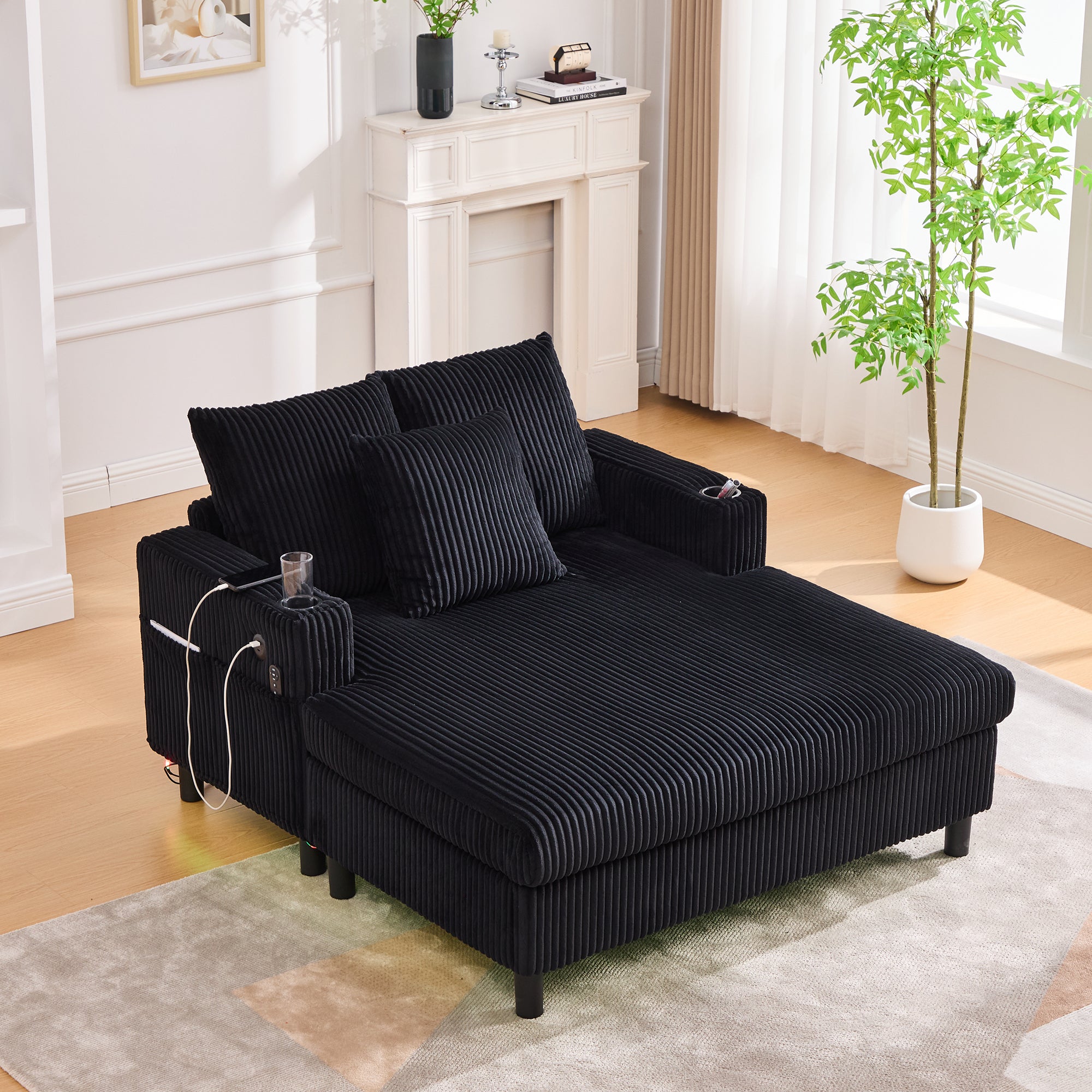 UNITED WE WIN Modern Corduroy Oversized Recliner Sofa with Deep Seat, 3 Pillows, USB Charging, RGB LED Light Strip, Cup Holder, Side Pocket - Suitable for Living Room and Bedroom - Grand Goldman Shop