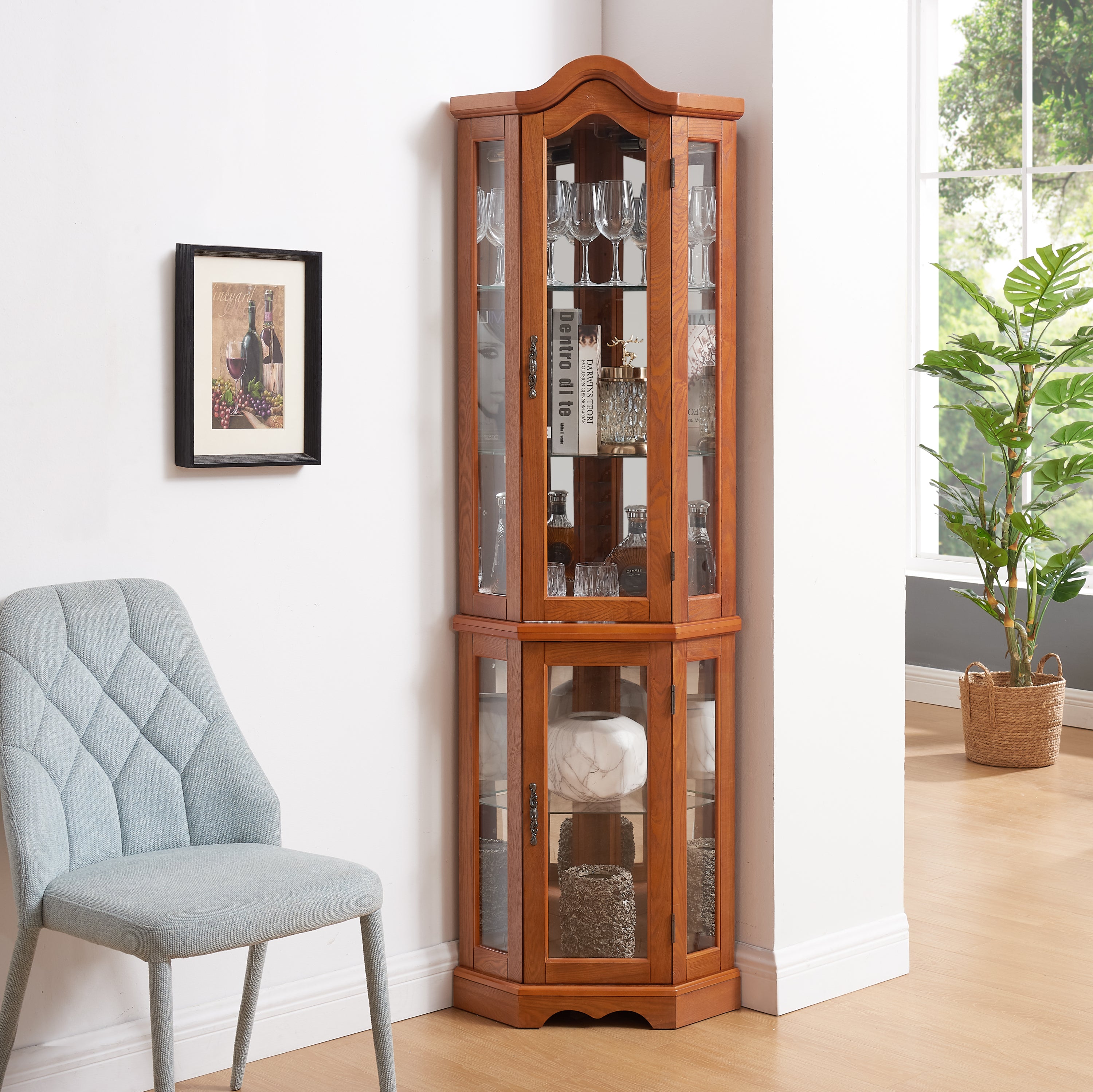 Curio Cabinet Lighted Glass Display Curio Cabinet w/Tempered Glass Doors and Shelves, Crown Corner Cabinet with Bulb, Corner Storage Decoration for Living room and Bedroom OAK - Grand Goldman Shop
