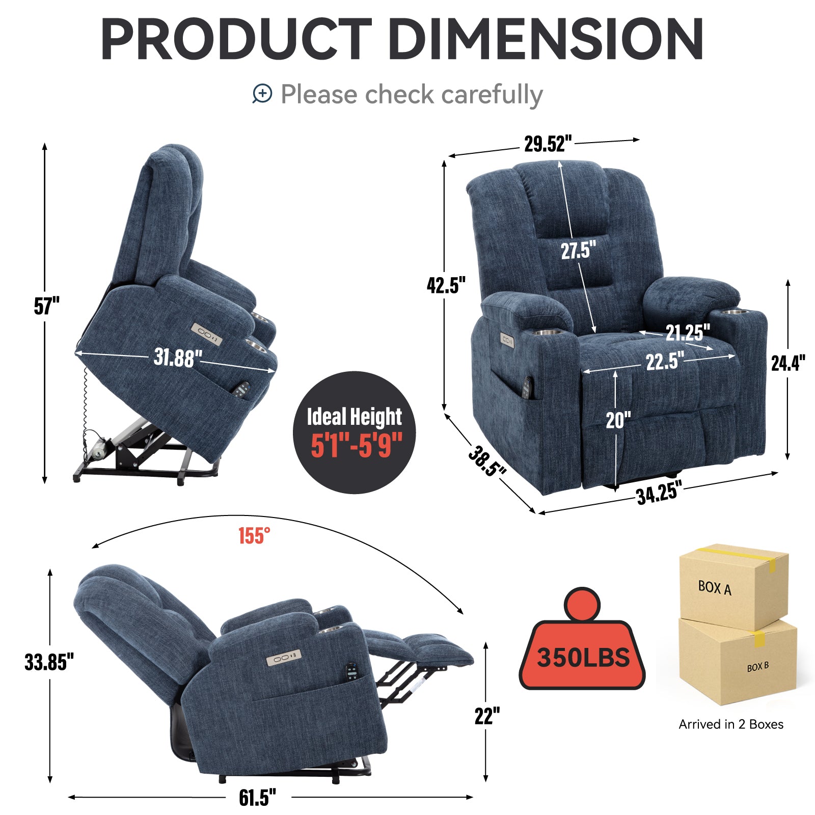 Power Lift Recliner Chair with Massage and Heat for Elderly, Overstuffed Wide Recliners, Heavy Duty Motion Mechanism with USB and Type C Ports, 2 Steel Cup Holders, Blue - Grand Goldman Shop