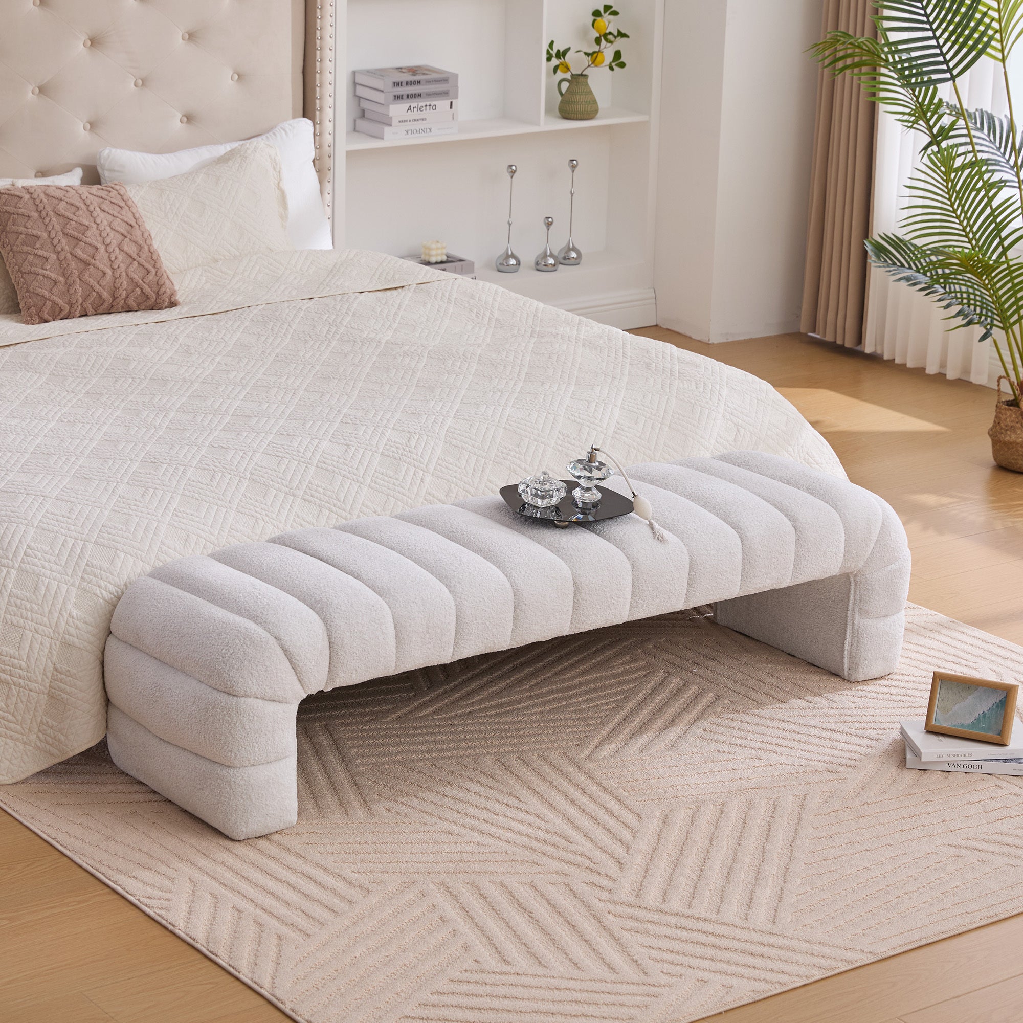 Modern Upholstered Armless Bed Bench, Channel Tufted Couch Daybed Chaise, Ivory Chenille, 69.7' Wide - Grand Goldman Shop