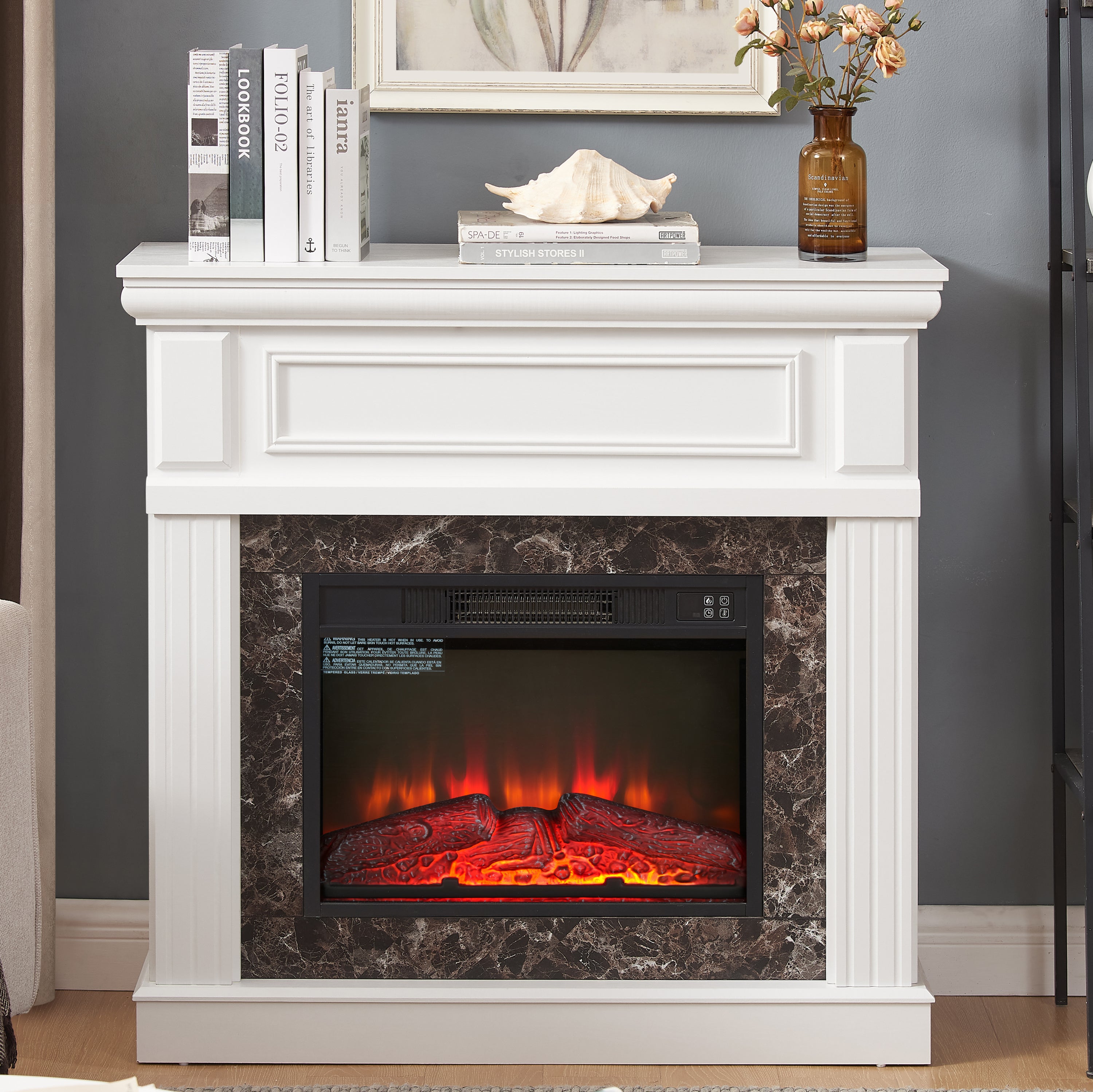 Electric Fireplace with Mantel,fireplace mantel surround with 23' Fireplace Insert, Adjustable Flame, Remote Control-White,41.34'W*14'D*40'H - Grand Goldman Shop