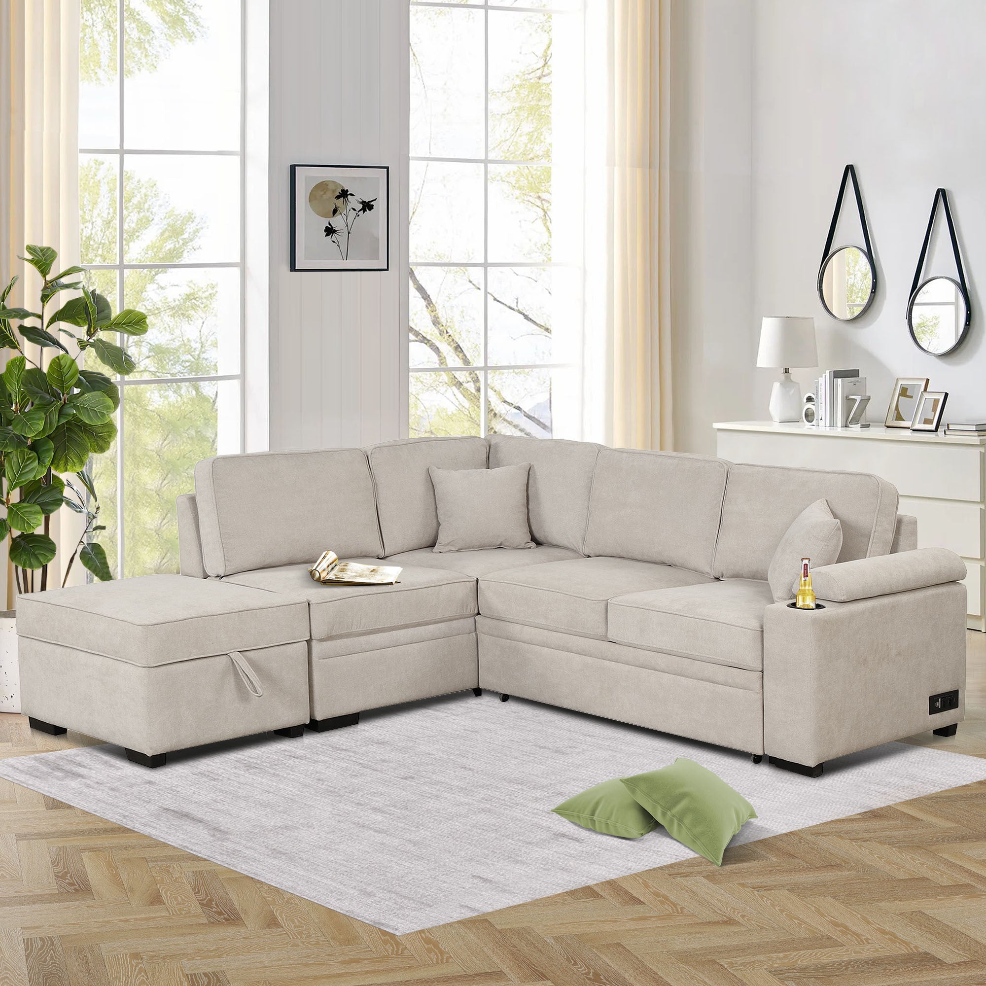 2 in 1 Sleeper Sofa Bed with Storage Ottoman, Beige Linen Upholstery, 84.75' L Shape Couch for Small Spaces - Grand Goldman Shop