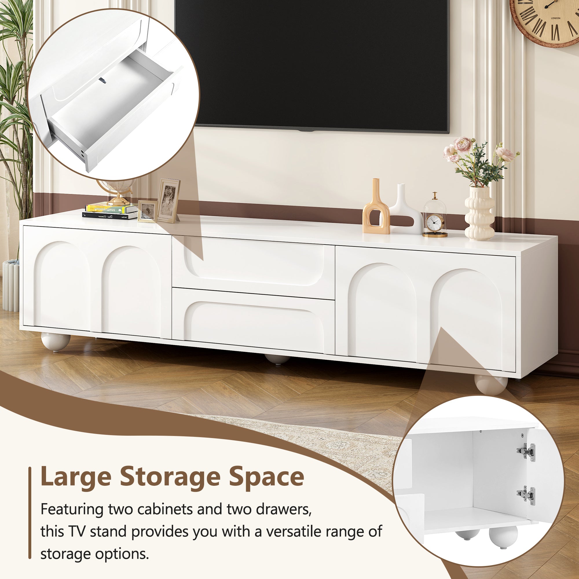 ON-TREND Cream Style TV Stand with Arched Doors & 2 Drawers for TVs up to 75', Minimalist Media Console with Rebound Device, Entertainment Center with 5 Iron Round Legs for Living Room, Bedroom, White - Grand Goldman Shop