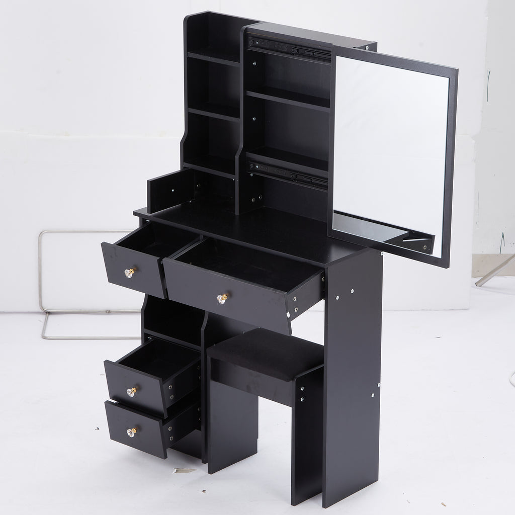 29.2' Small Space Left Drawer Desktop Vanity Table + Cushioned Stool, Extra Large Right sliding mirror, Multi Layer High Capacity Storage, Practical Fashionable Dresser, Suitable For Small Space - Grand Goldman Shop