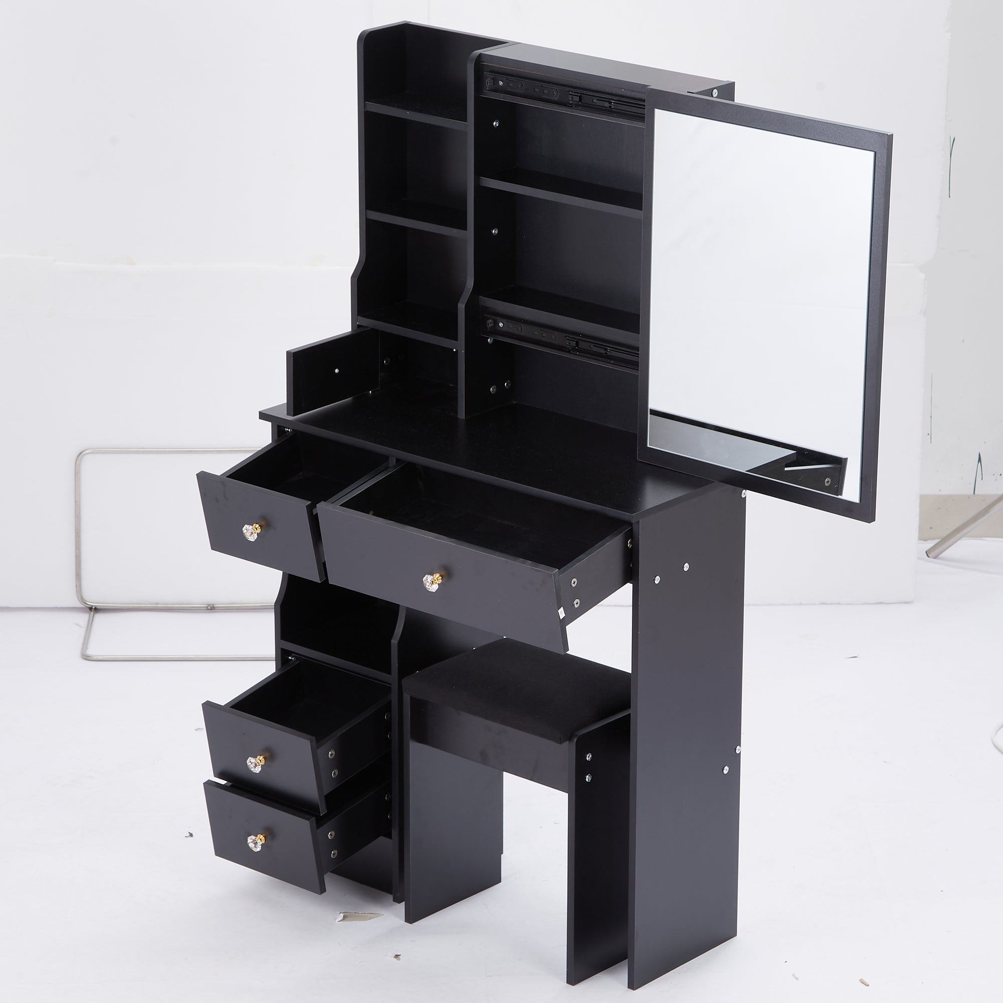 29.2' Small Space Left Drawer Desktop Vanity Table + Cushioned Stool, Extra Large Right sliding mirror, Multi Layer High Capacity Storage, Practical Fashionable Dresser, EPA, GCC, UL Certificate - Grand Goldman Shop