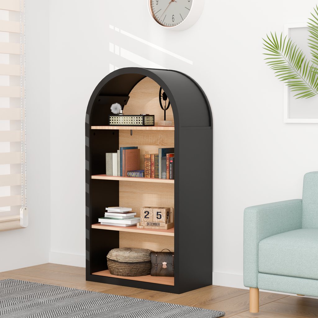 4-Tier Black Arched Bookshelf, 43' Tall Arched Bookcase with Storage Shelves - Grand Goldman Shop