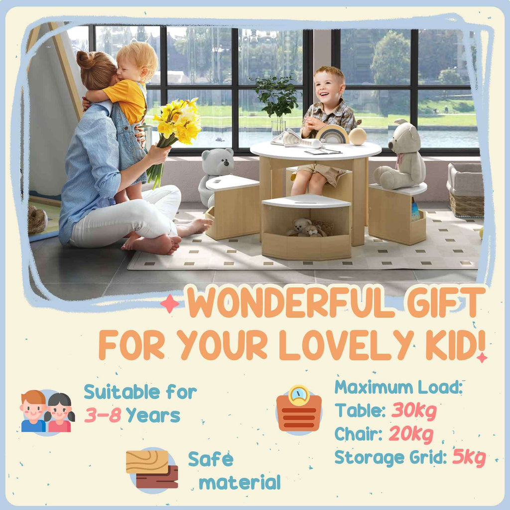 Qaba Kids Table and Chairs Set, 5 Piece Toddler Table and Chairs Set with Storage for Art, Craft, Drawing, Playroom, Classroo