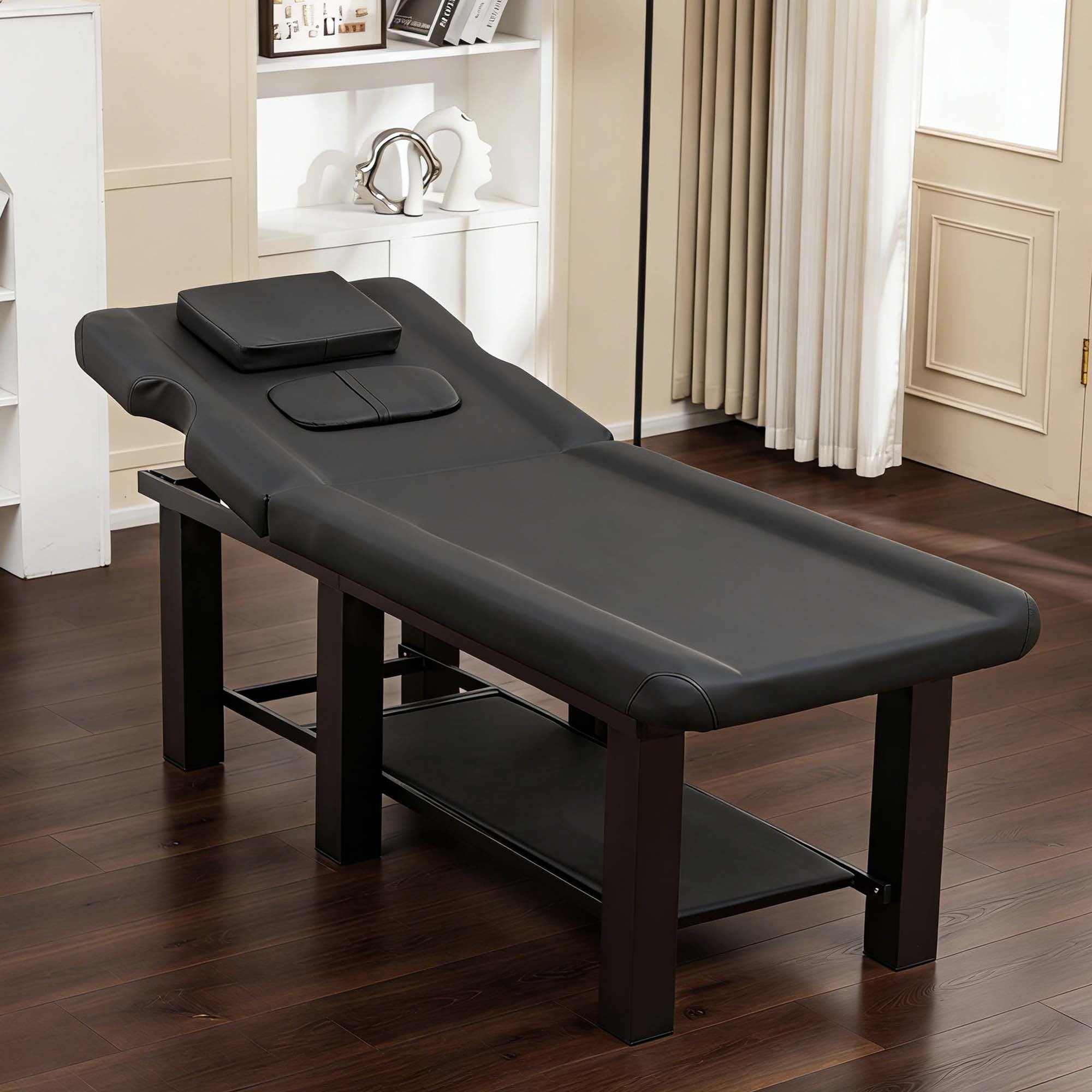 Spa Salon Massage Table with Bottom Storage, Adjustable Backrest (0-15°) & Detachable Headrest, High-Resiliency Waterproof Cu
