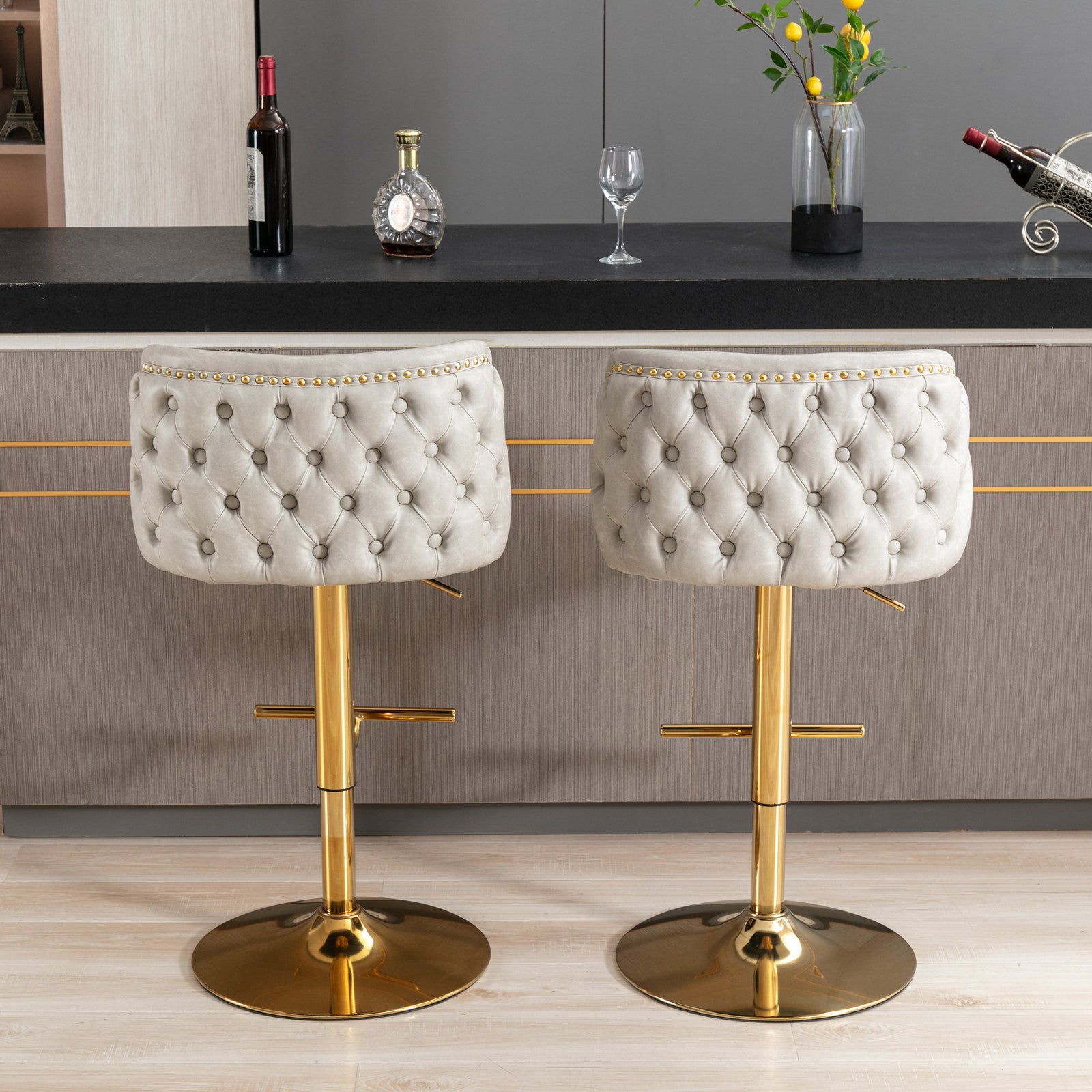 A&A Furniture,Swivel Barstools Adjusatble Seat Height, Modern PU Upholstered Bar Stools with  the whole Back Tufted, for Home Pub and Kitchen Island（Beige, Set of 2） - Grand Goldman Shop