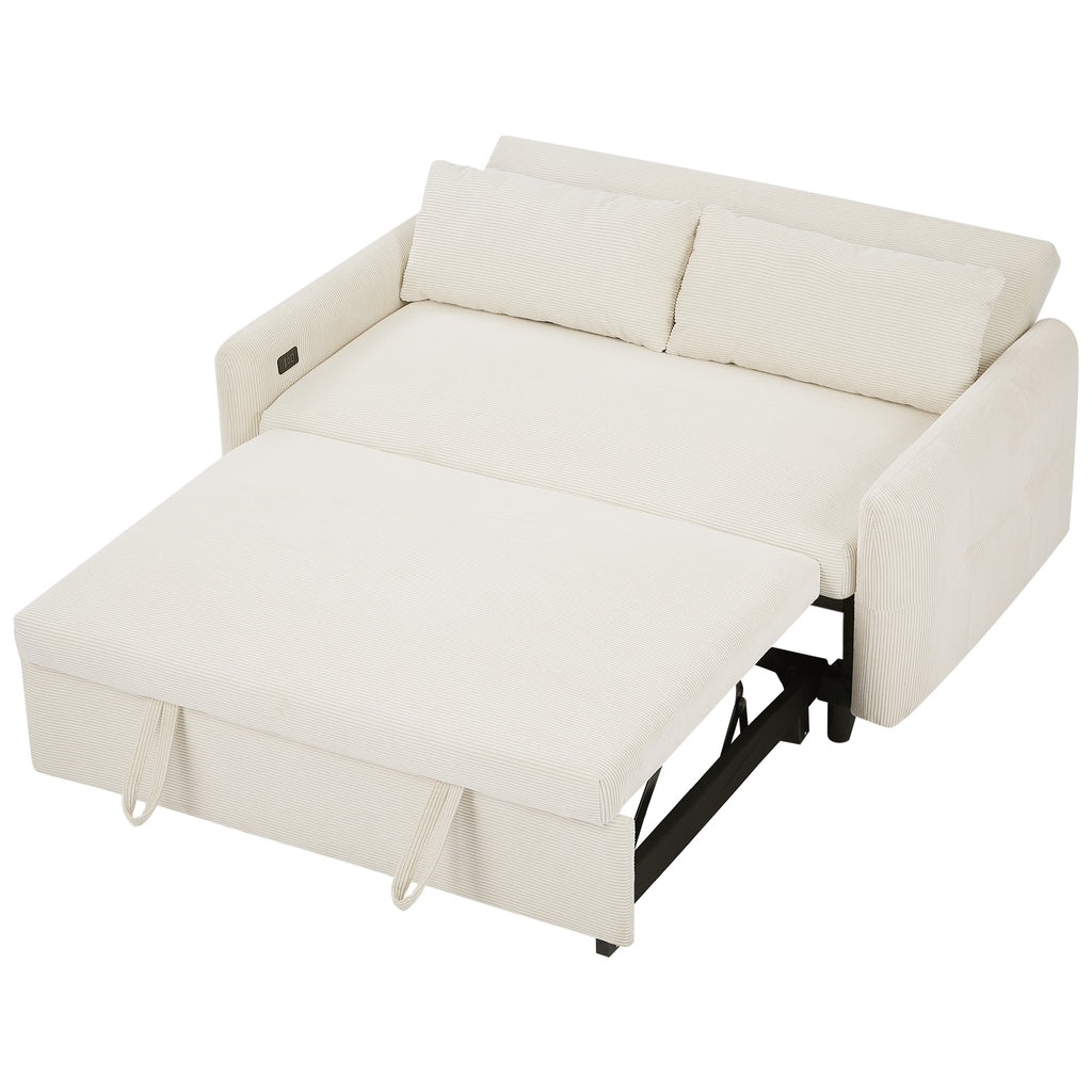 Modern Convertible Pull-out Sofa Bed with USB Ports and Pillows, Beige Corduroy, 57.48 inches - Grand Goldman Shop