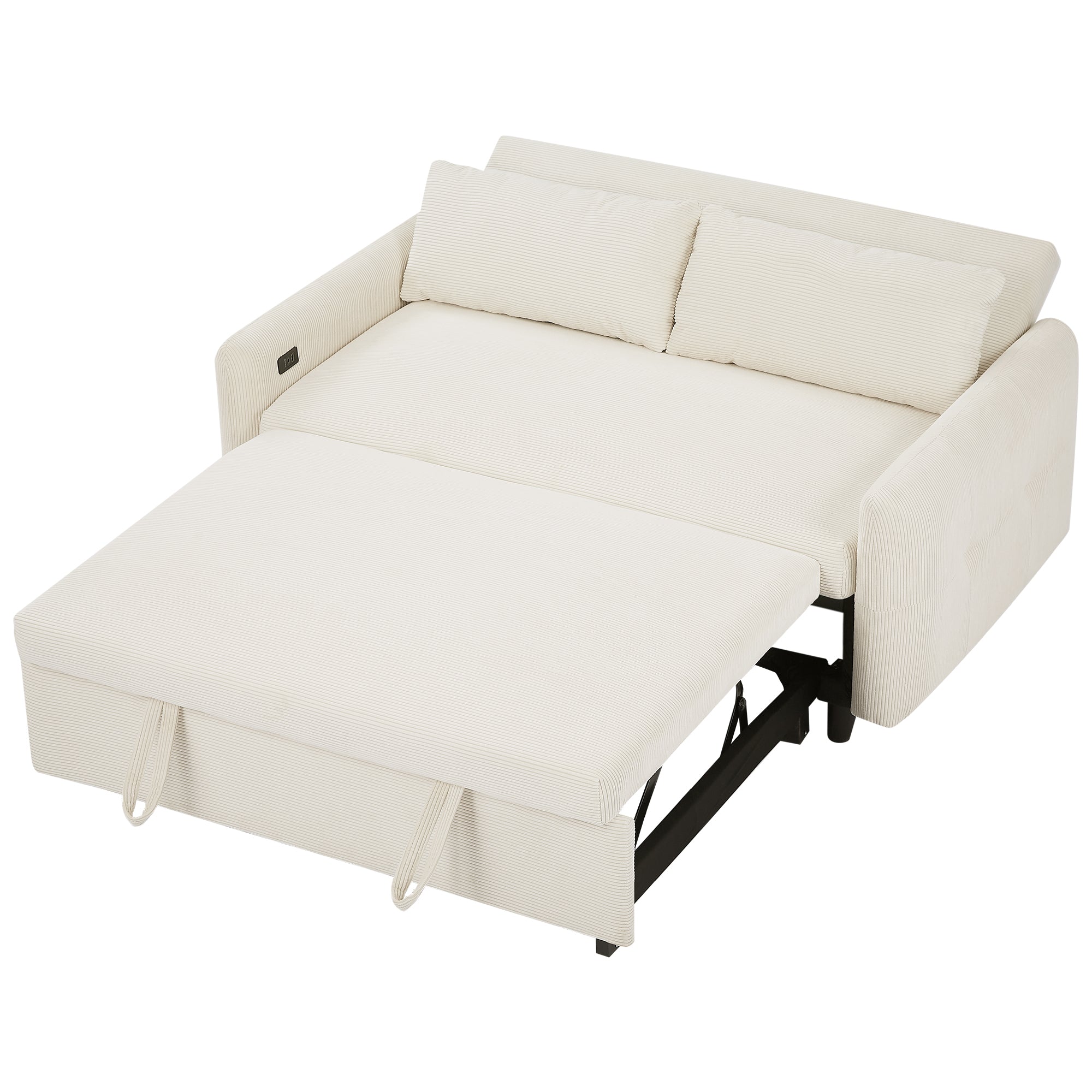 Modern Convertible Pull-out Sofa Bed with USB Ports and Pillows, Beige Corduroy, 57.48 inches - Grand Goldman Shop